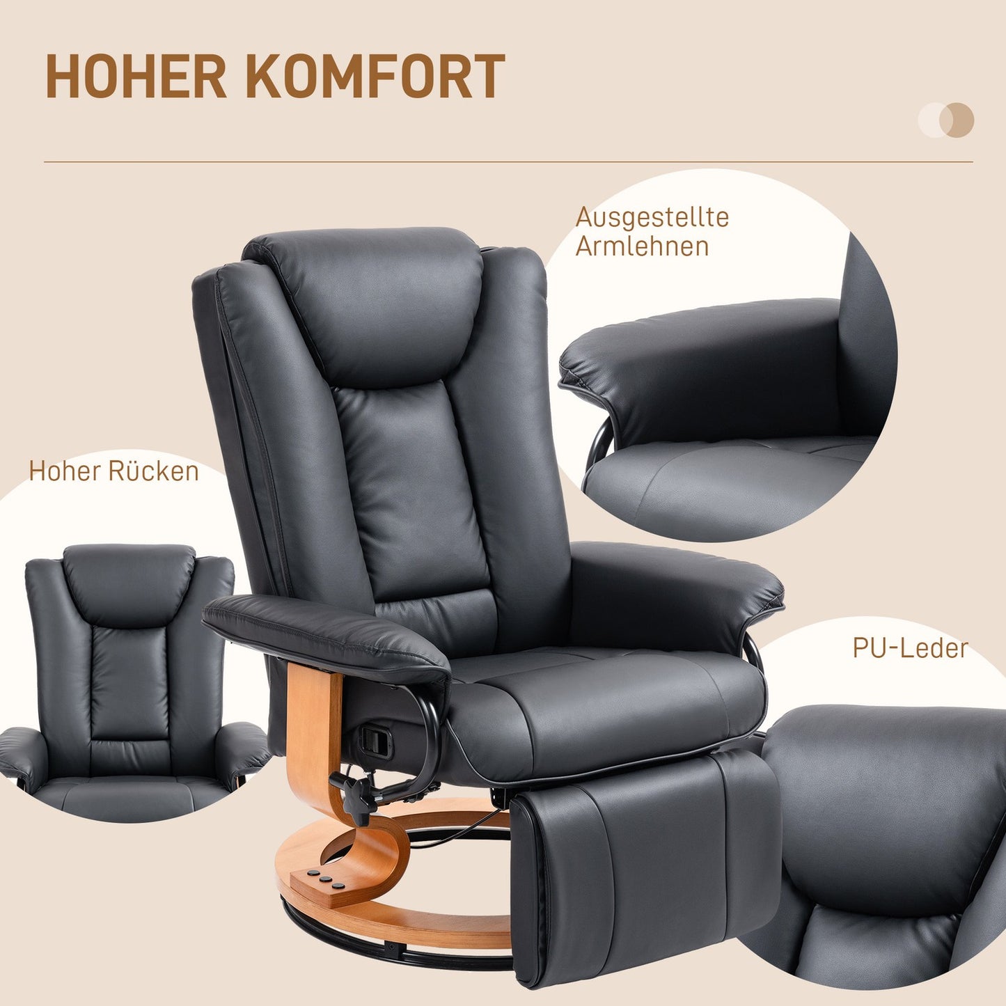 Swivel recliner, synthetic leather, black, 150 kg capacity