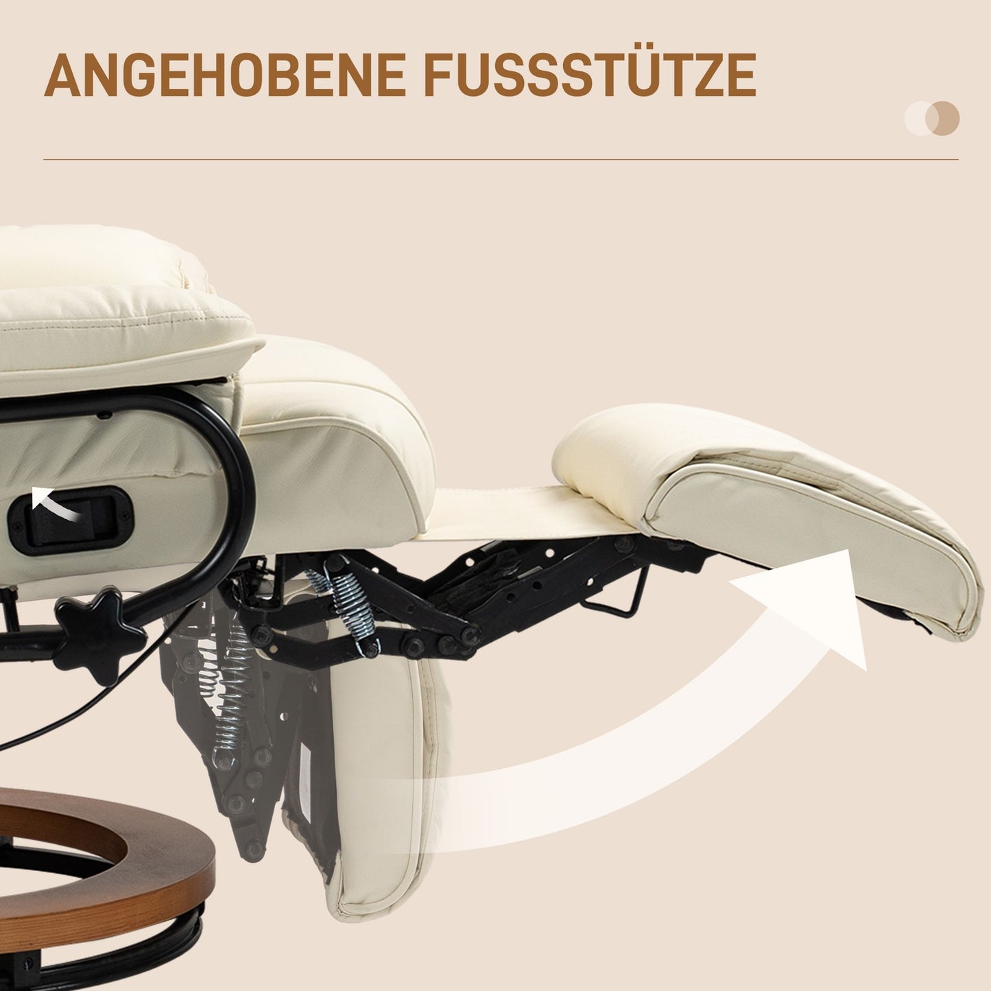 Swivel armchair with footrest, synthetic leather, cream white