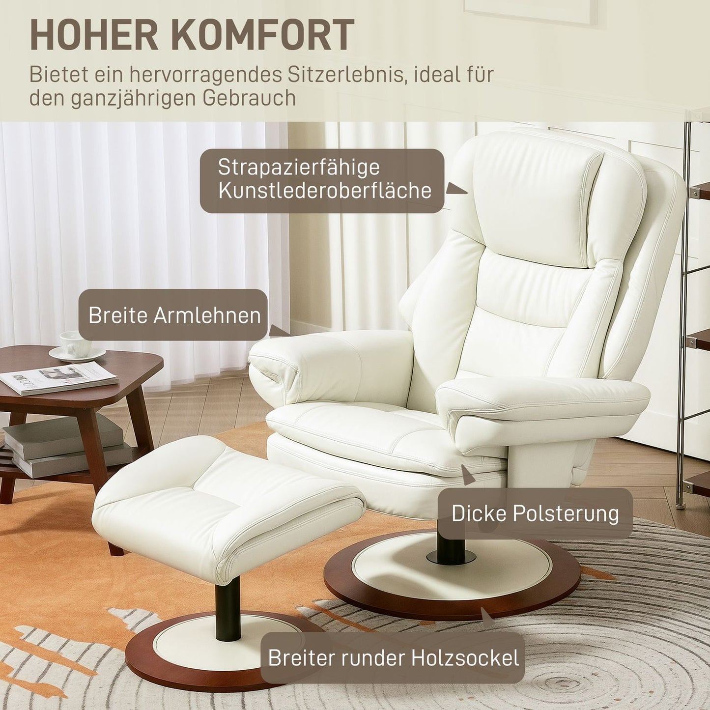 Reclining TV armchair and stool in artificial leather, capacity 150 kg
