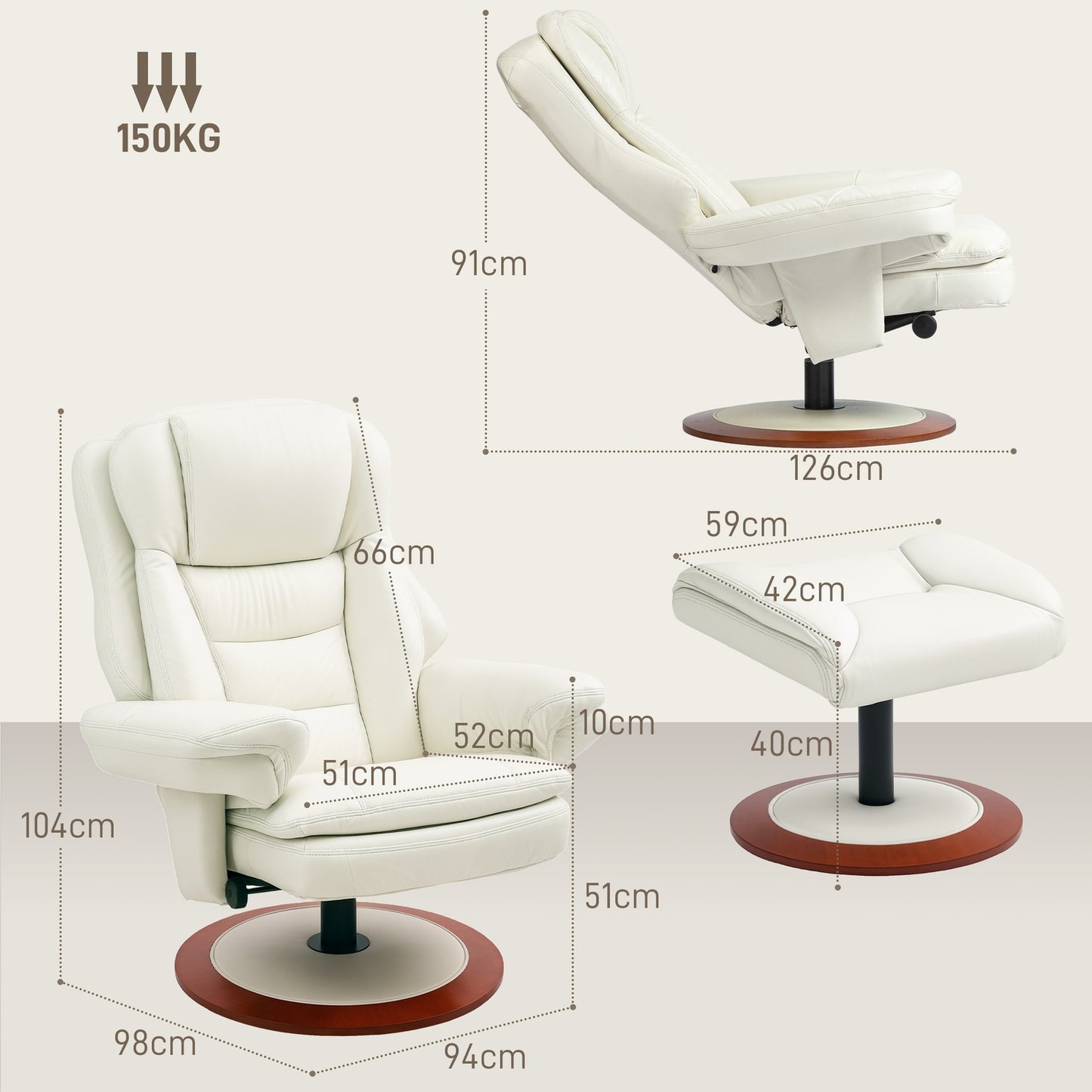 Reclining TV armchair and stool in artificial leather, capacity 150 kg