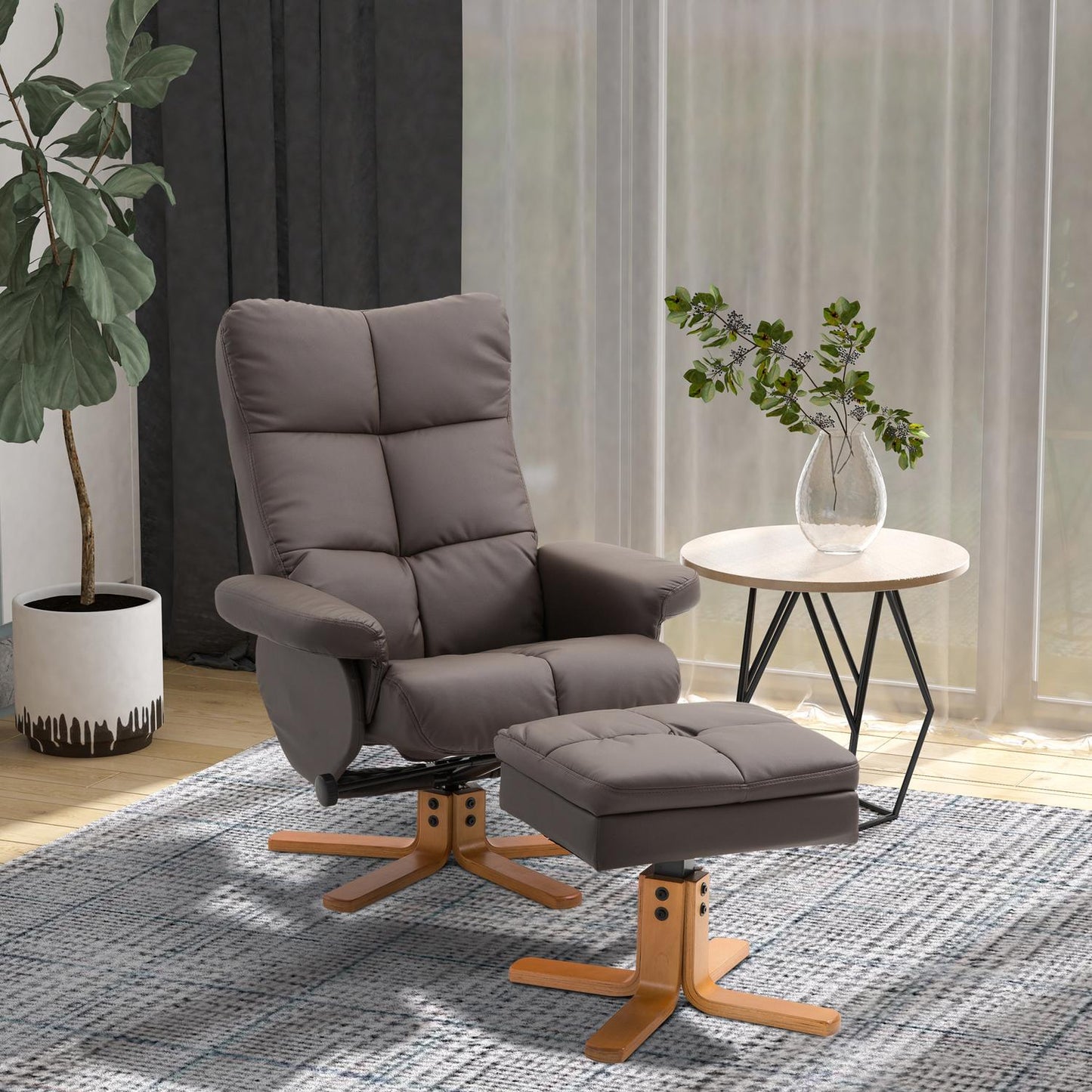 Armchair with ottoman, storage and swivel, brown PU