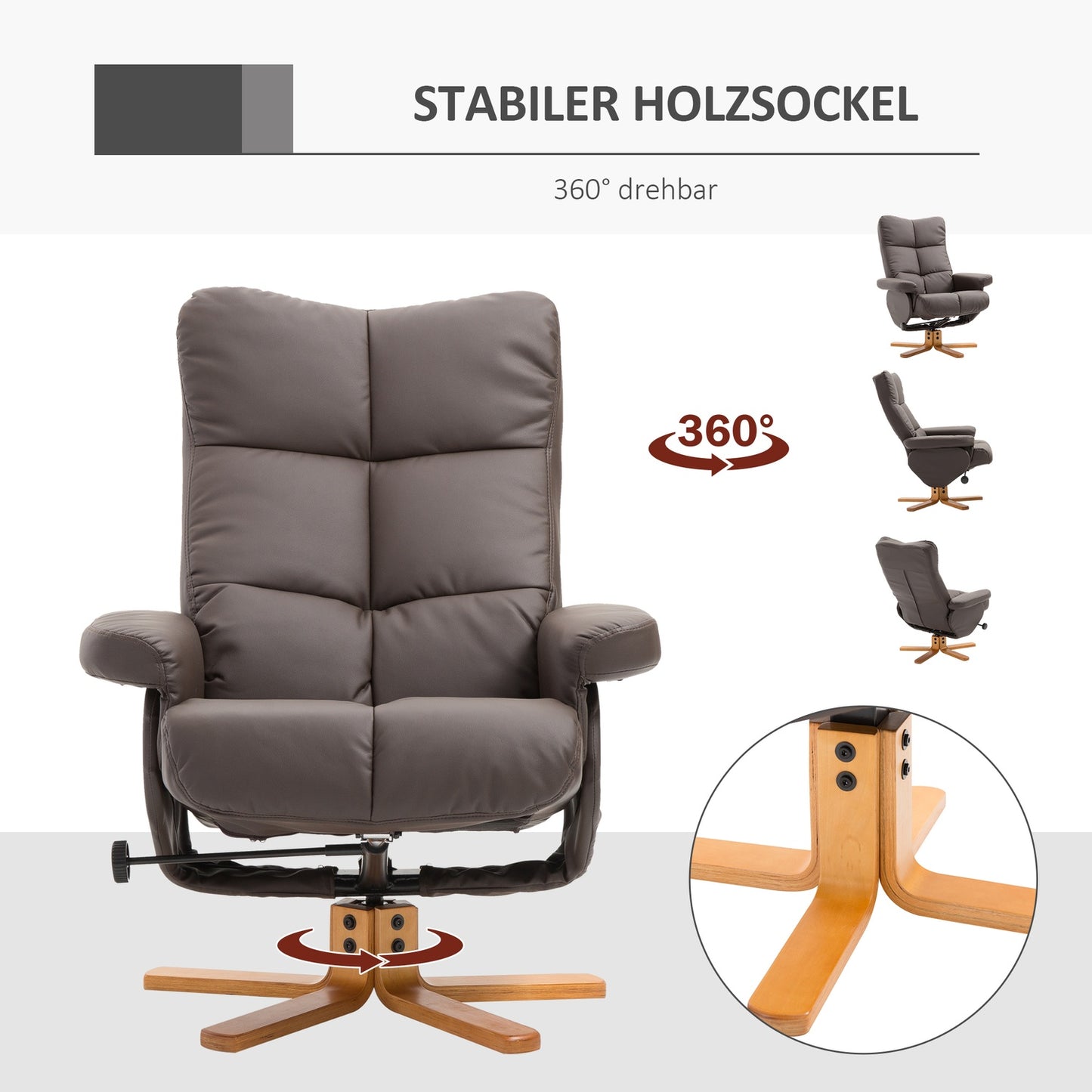 Armchair with ottoman, storage and swivel, brown PU