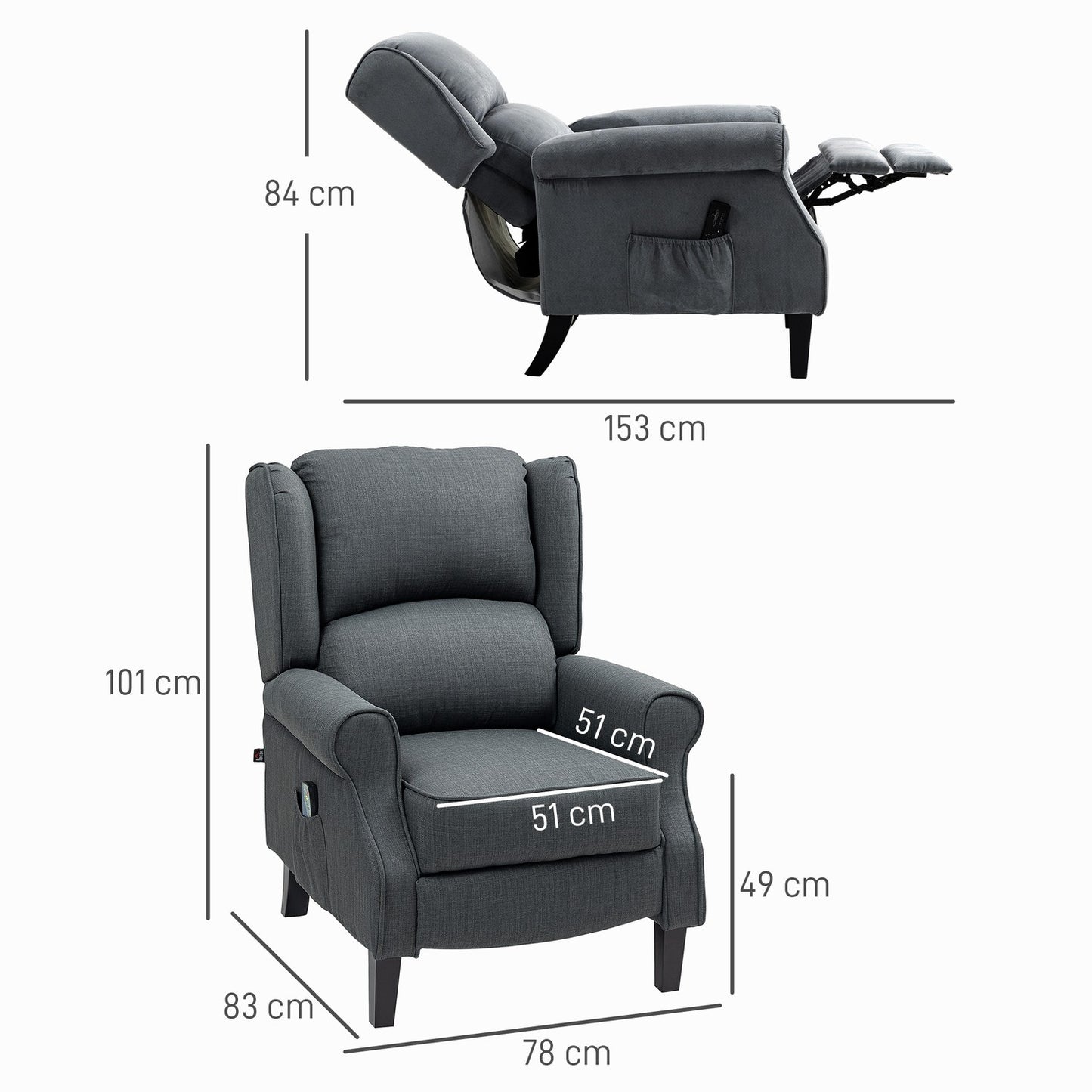 Reclining massage chair with heating, remote control, dark grey