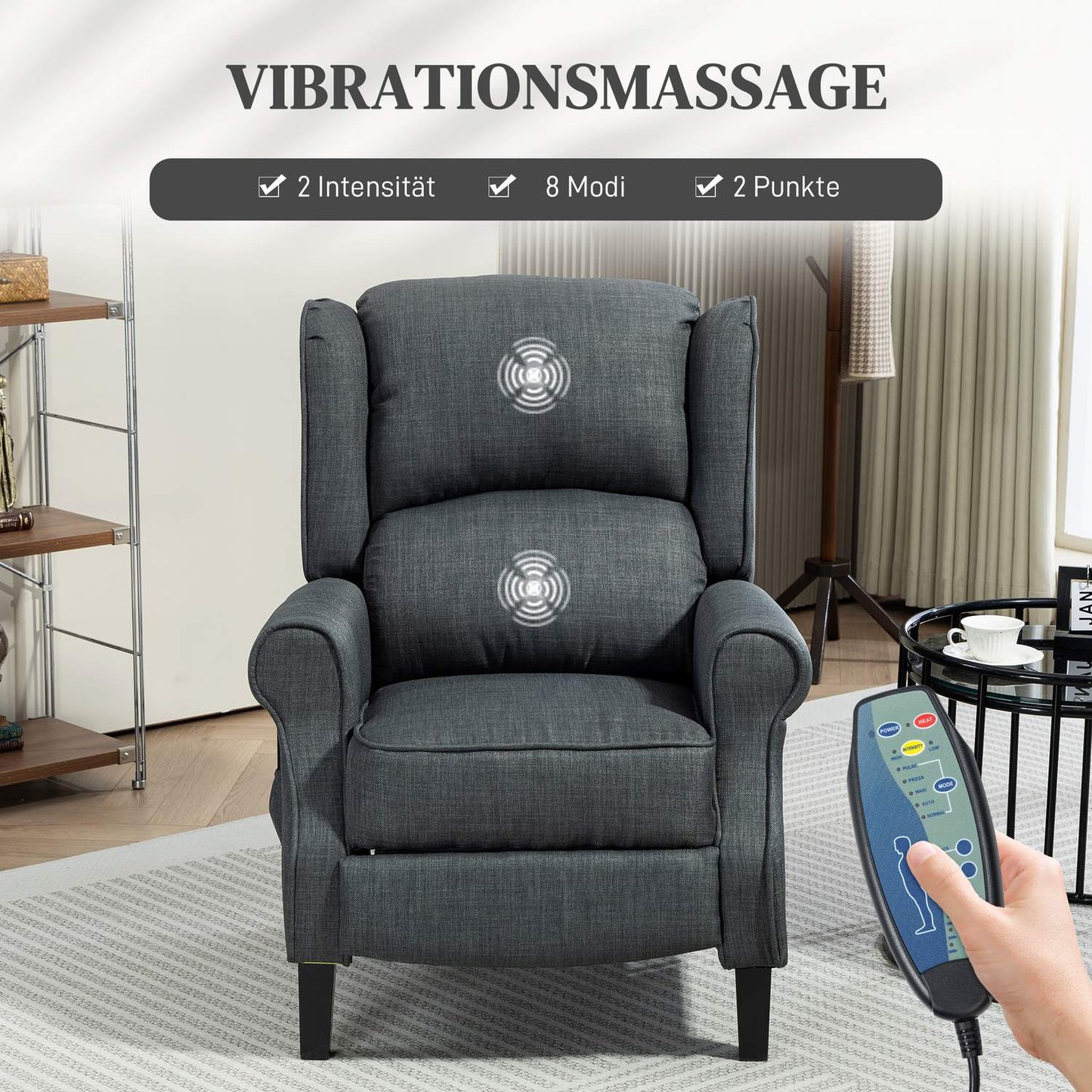 Reclining massage chair with heating, remote control, dark grey