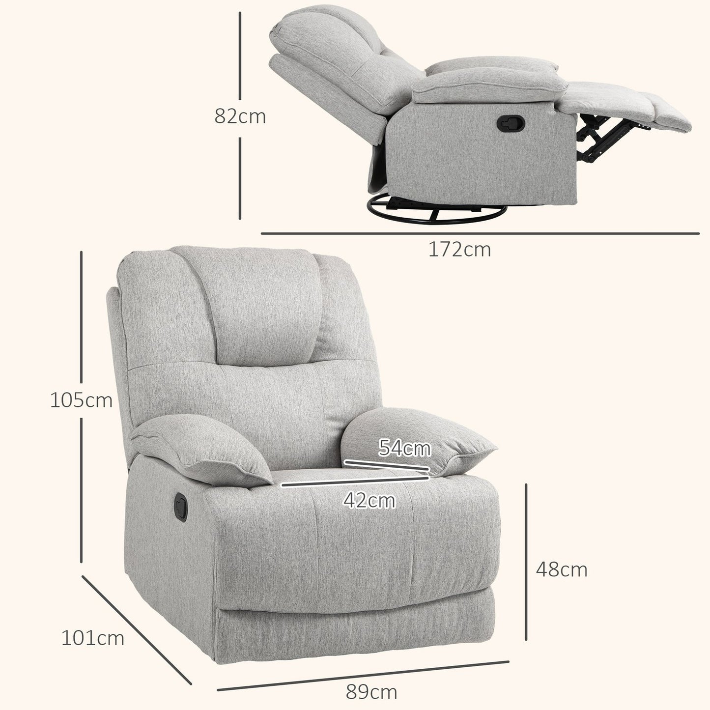 Gray reclining TV chair with footrest, linen upholstery