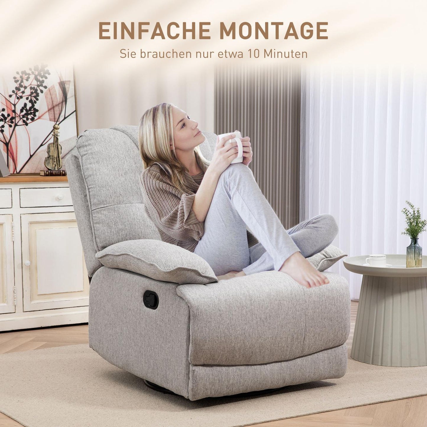 Gray reclining TV chair with footrest, linen upholstery