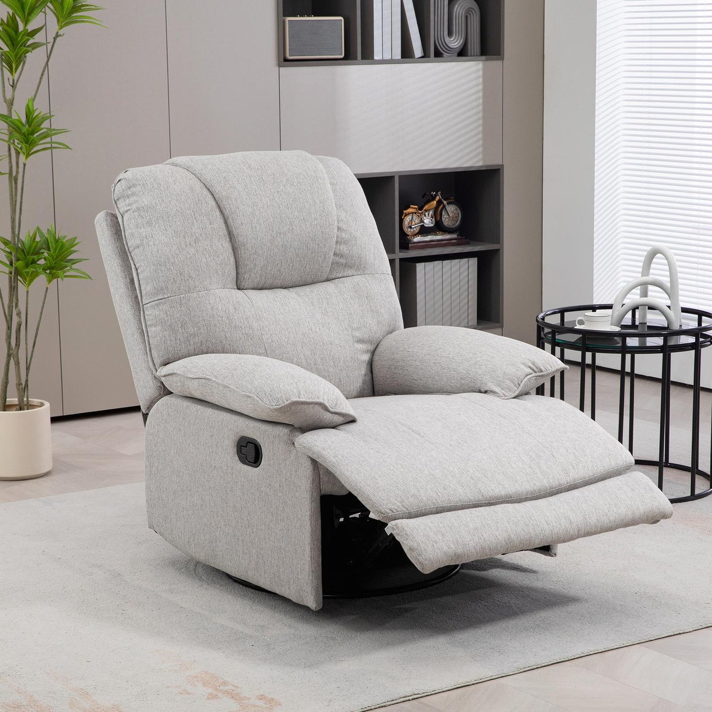Gray reclining TV chair with footrest, linen upholstery