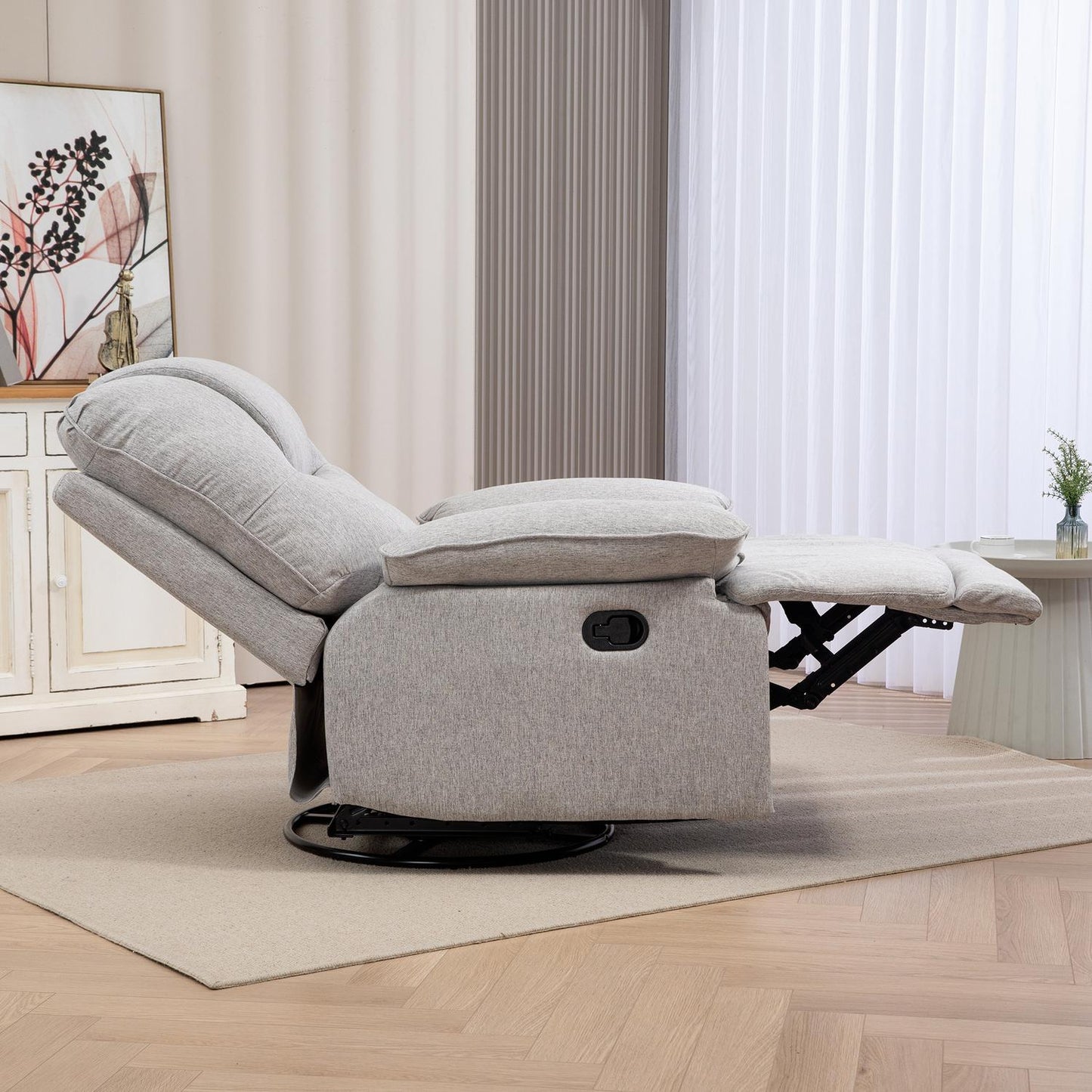 Gray reclining TV chair with footrest, linen upholstery