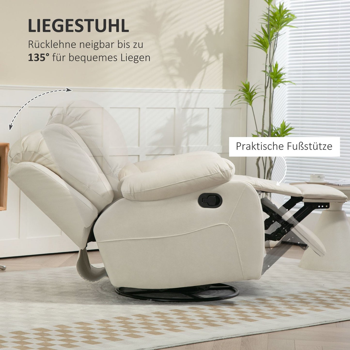 Lounger with footrest & swivel, cream upholstery