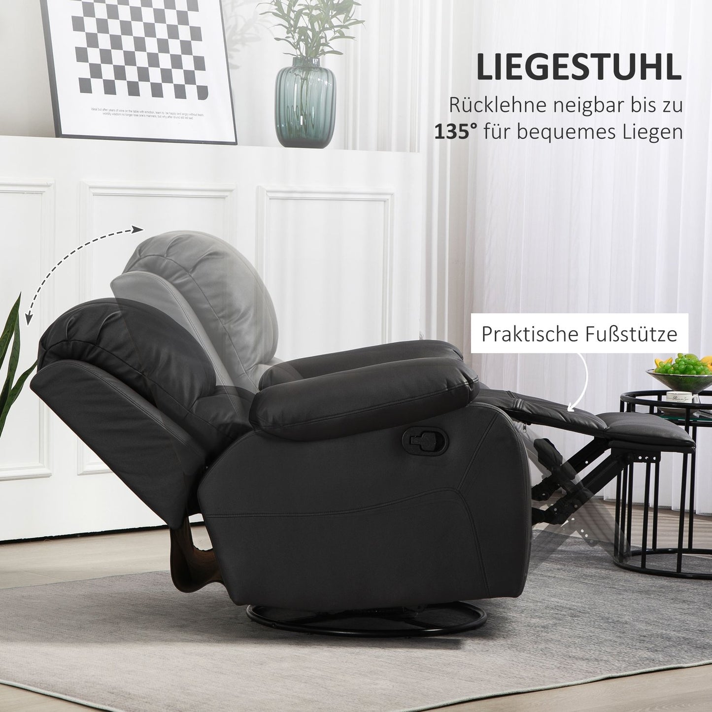 Reclining swivel TV chair with footrest, black