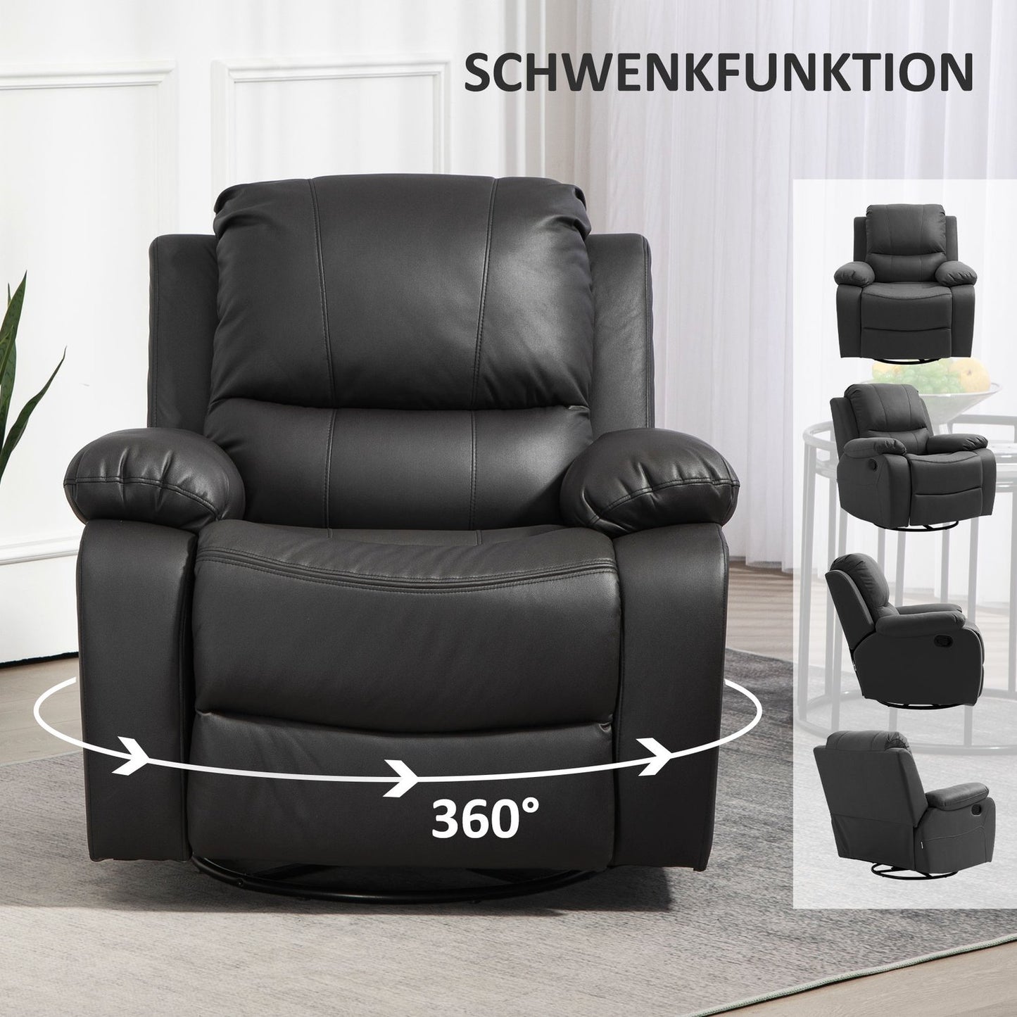 Reclining swivel TV chair with footrest, black
