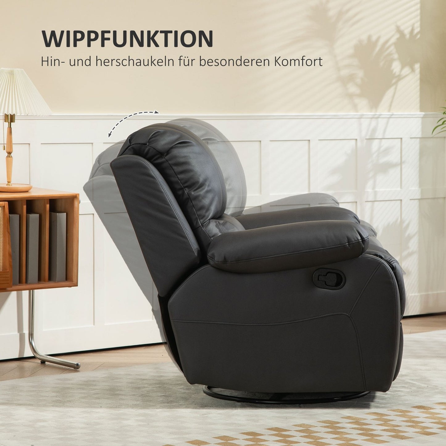 Reclining swivel TV chair with footrest, black