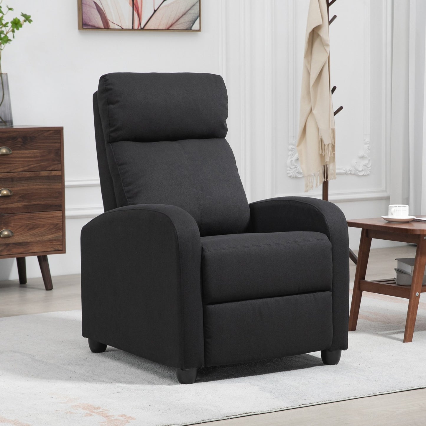 Lounger with footrest, linen upholstery, black