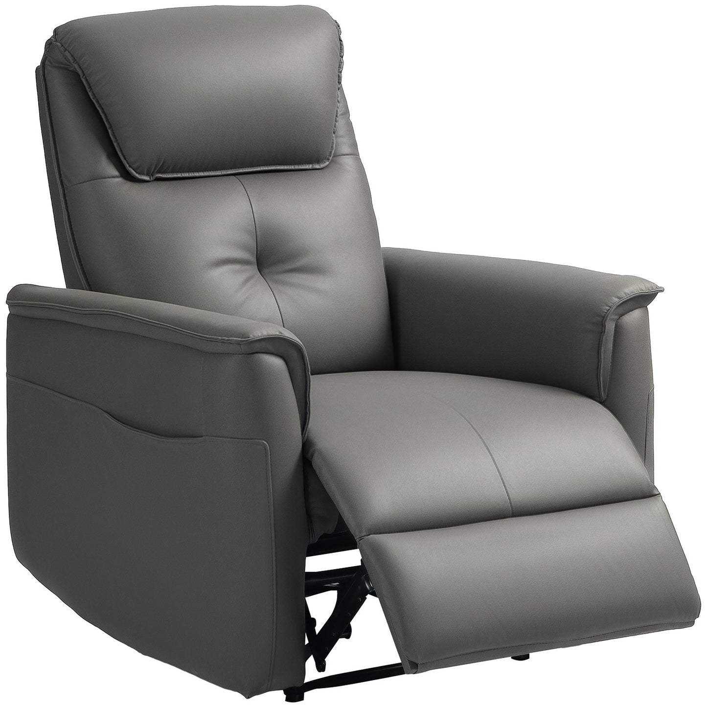 Reclining TV chair with footrest and side pocket, light grey