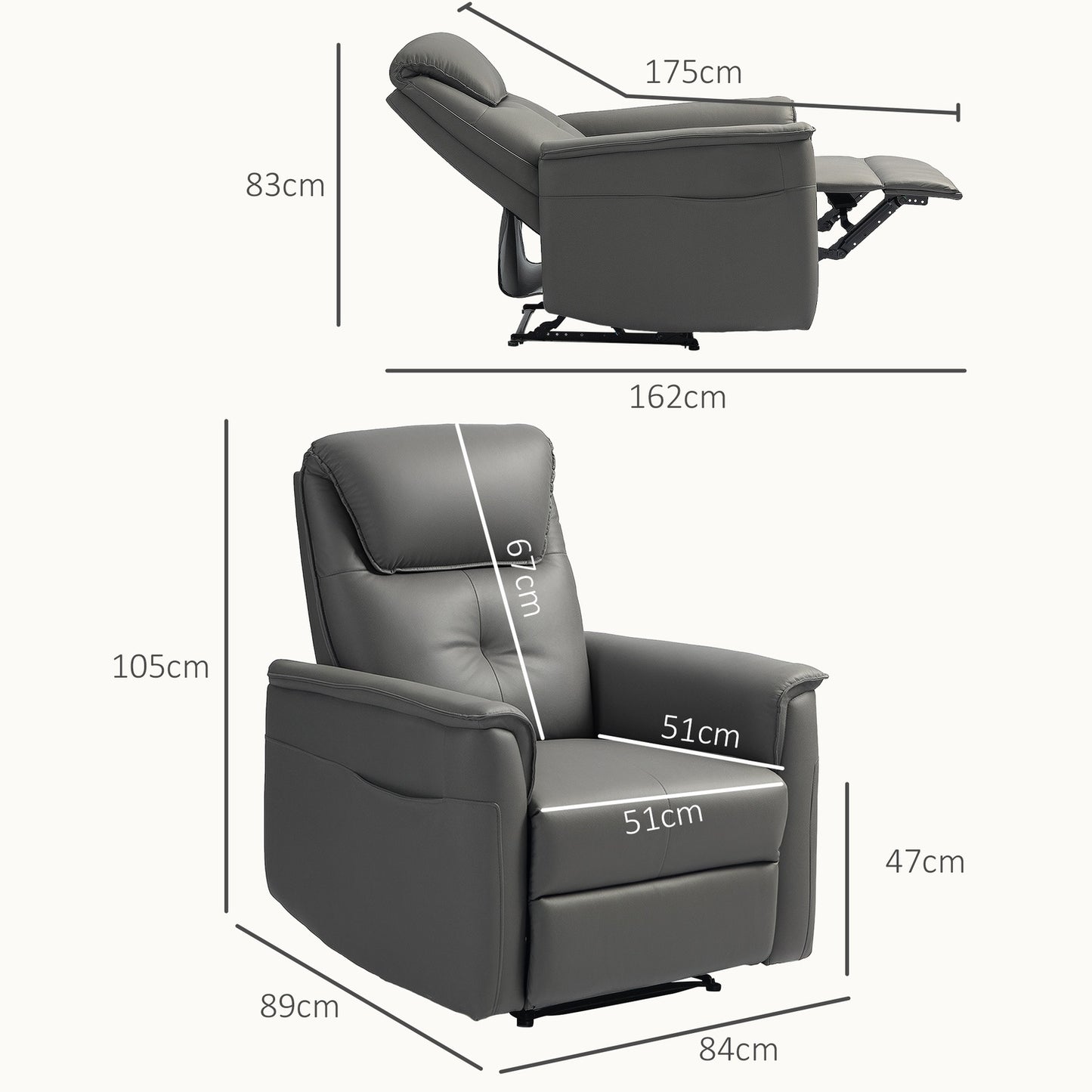 Reclining TV chair with footrest and side pocket, light grey