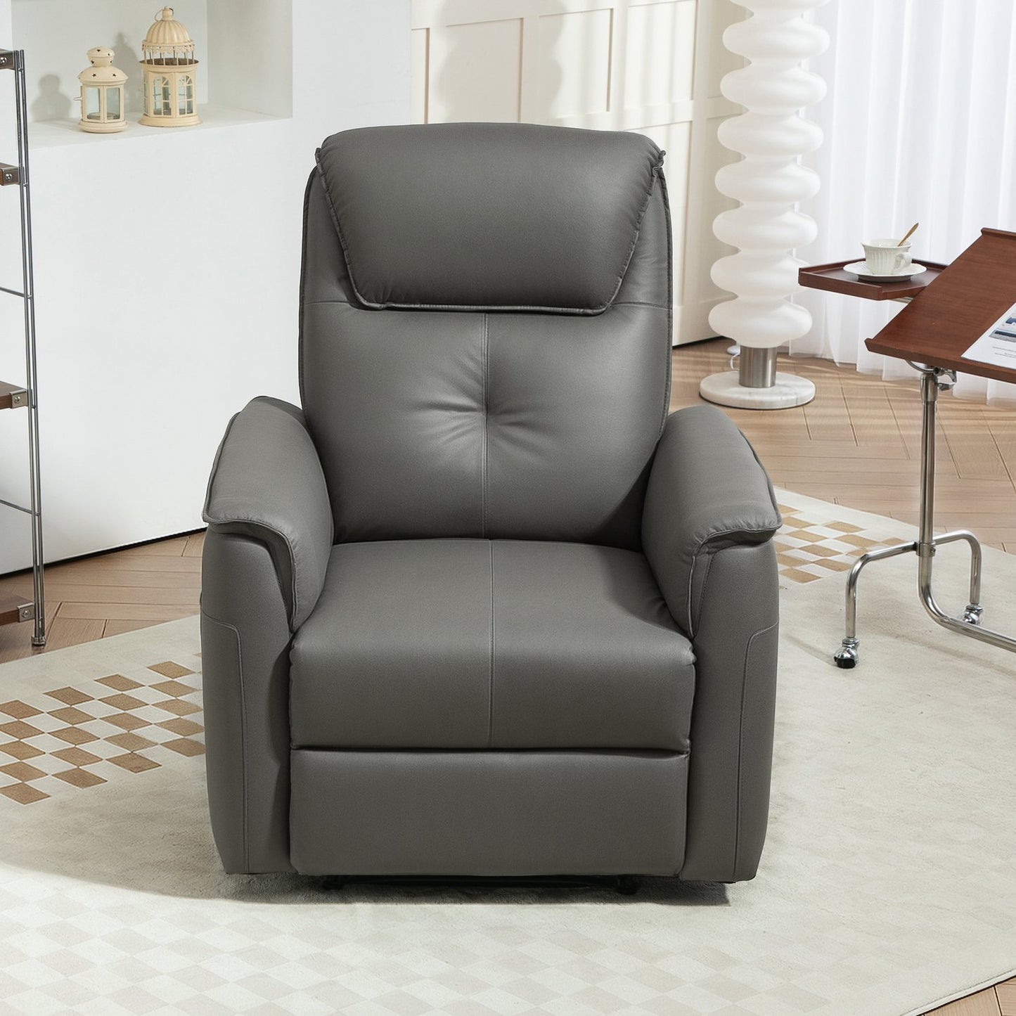 Reclining TV chair with footrest and side pocket, light grey