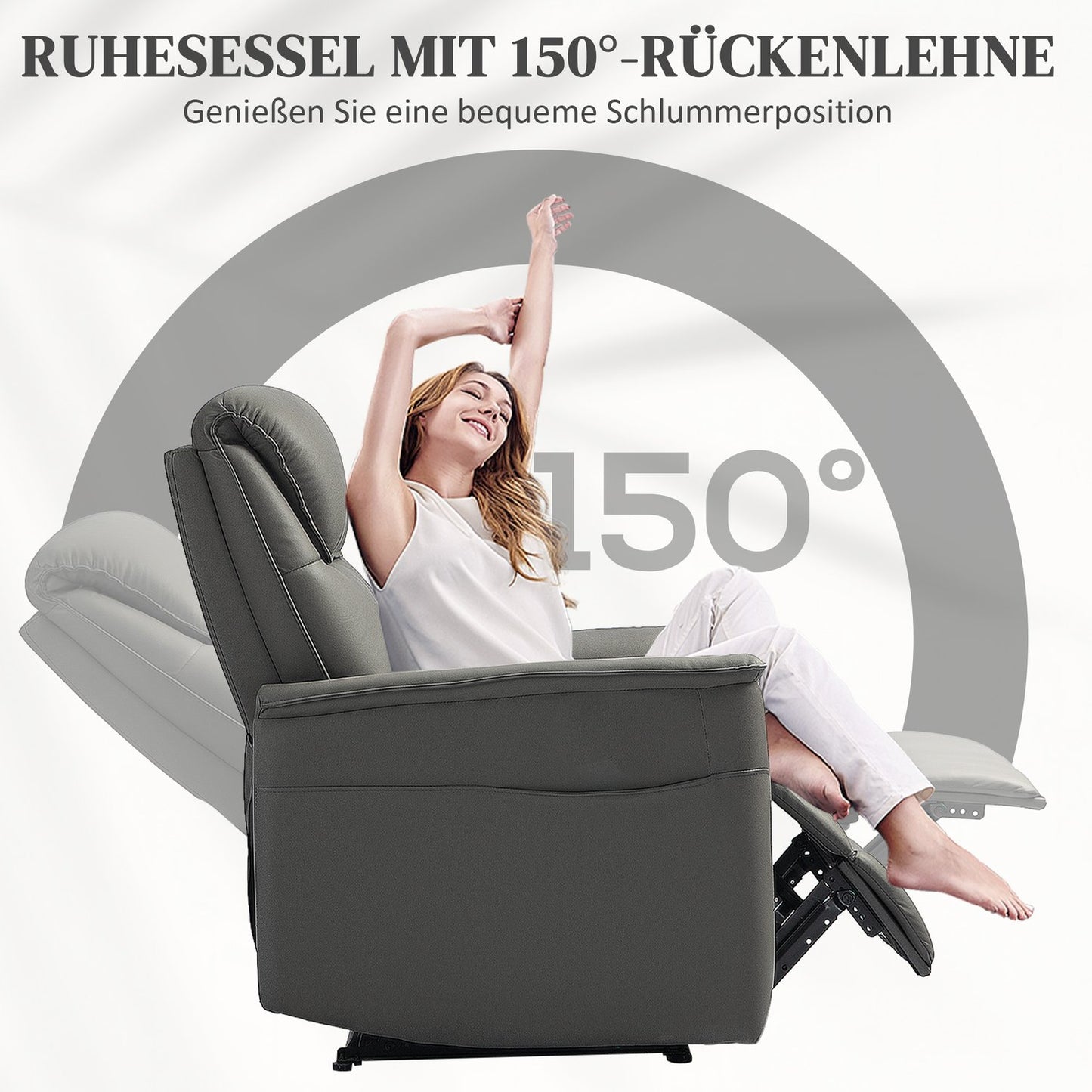 Reclining TV chair with footrest and side pocket, light grey