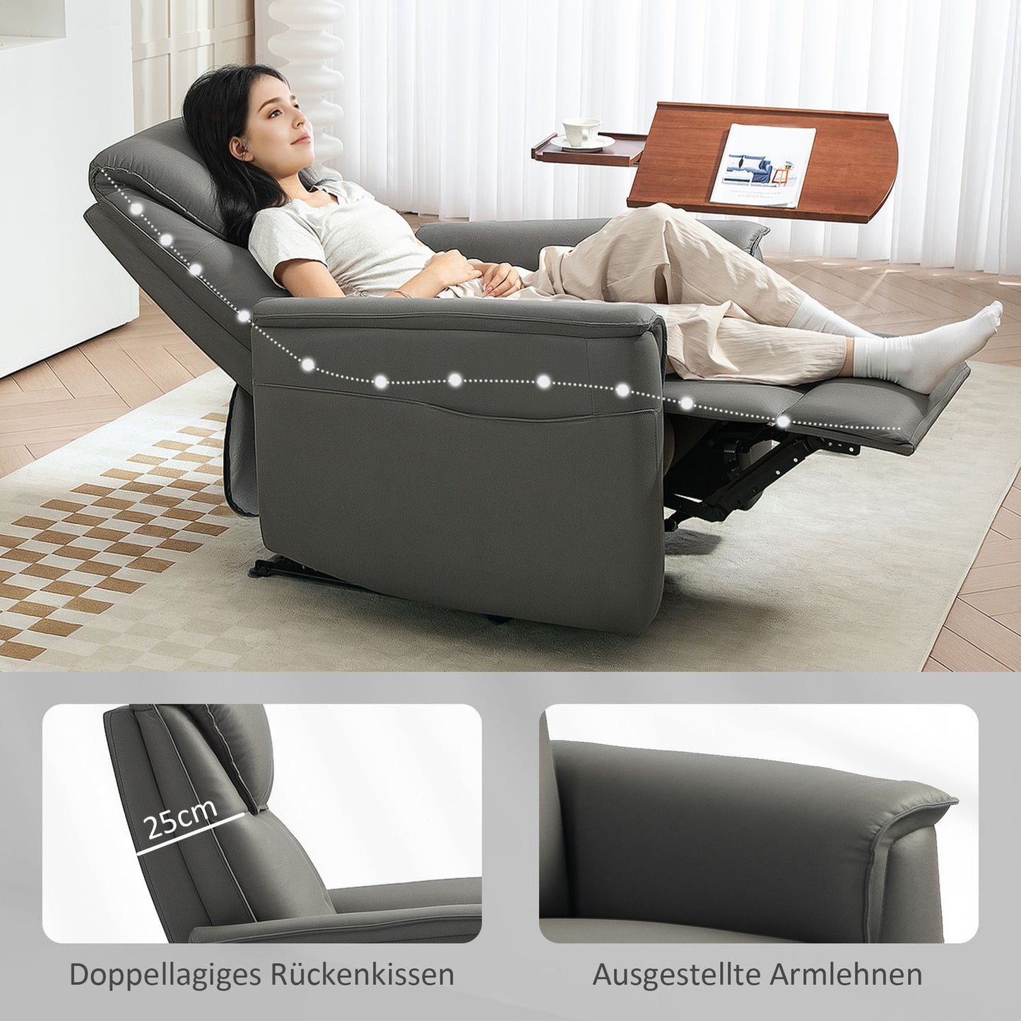 Reclining TV chair with footrest and side pocket, light grey