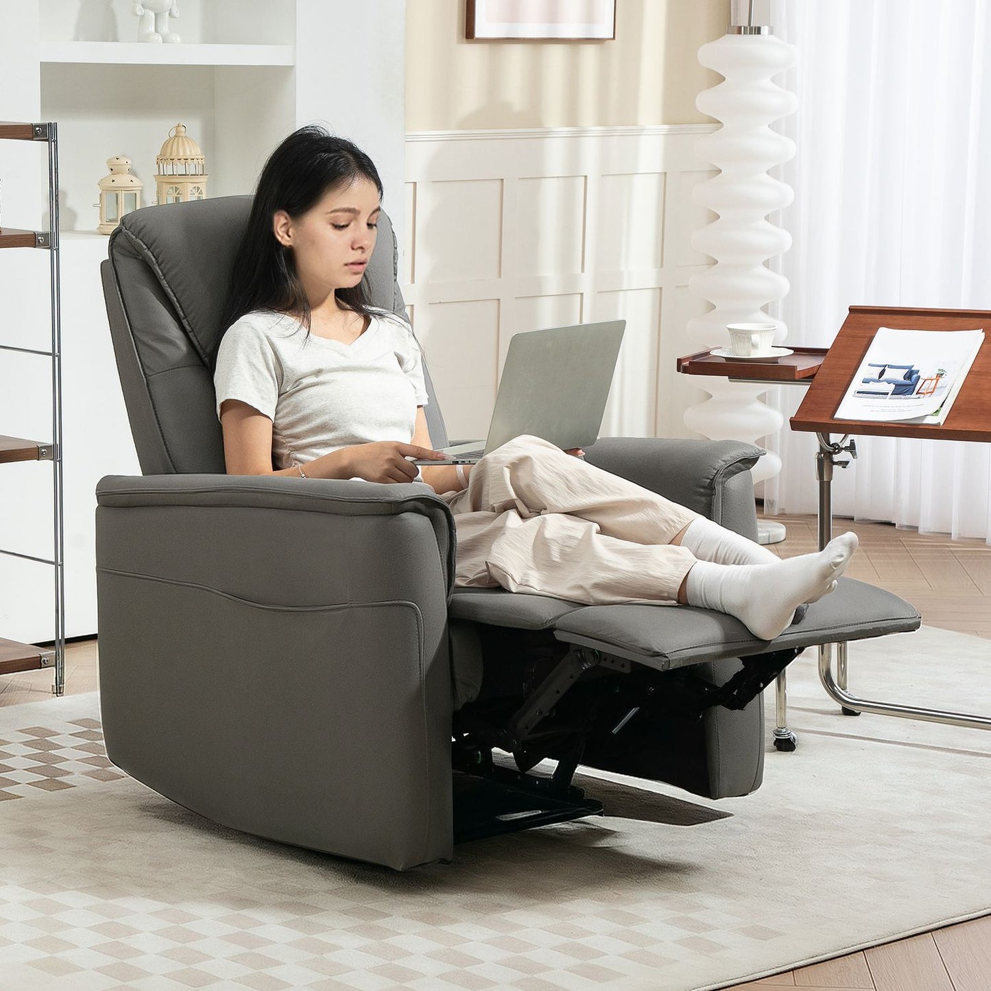 Reclining TV chair with footrest and side pocket, light grey