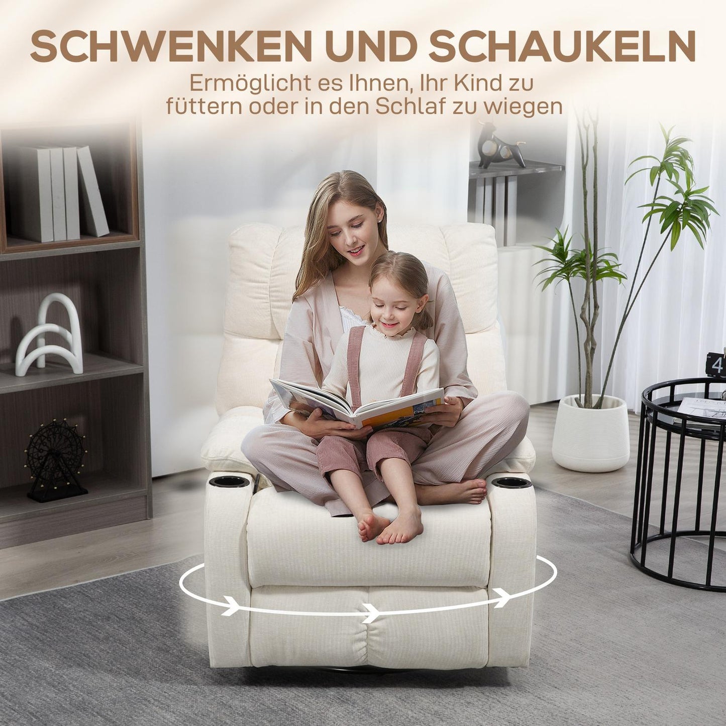 Reclining rocking TV chair with footrest and cup holder, beige