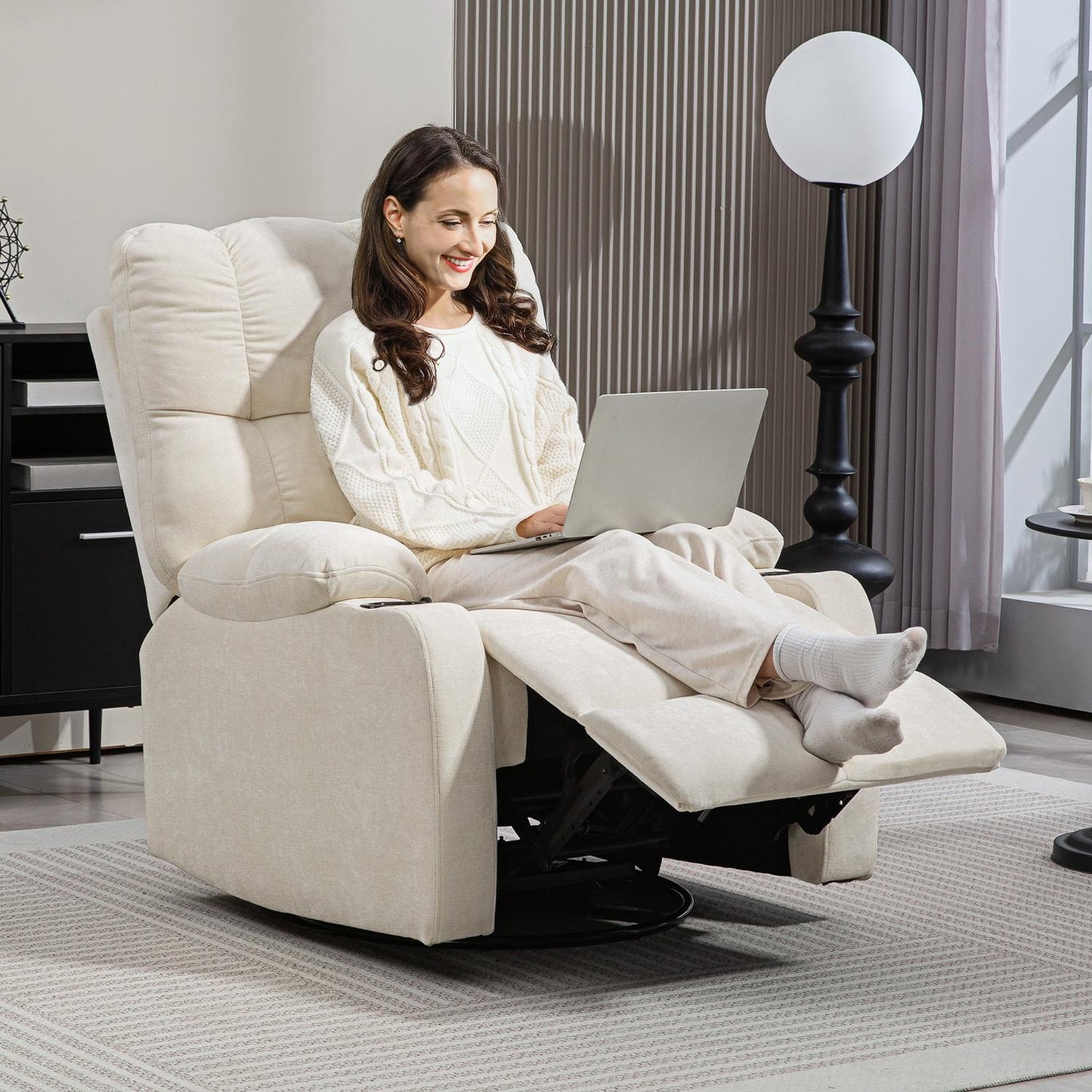 Reclining rocking TV chair with footrest and cup holder, beige