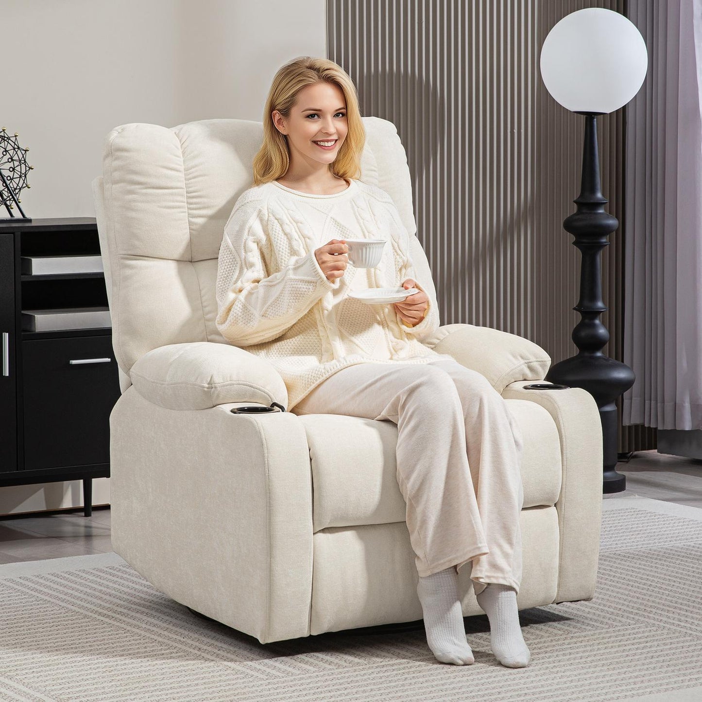 Reclining rocking TV chair with footrest and cup holder, beige