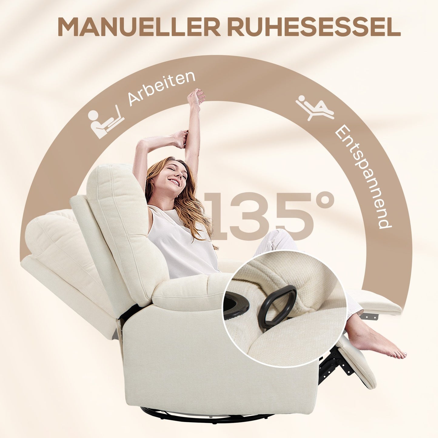 Reclining rocking TV chair with footrest and cup holder, beige