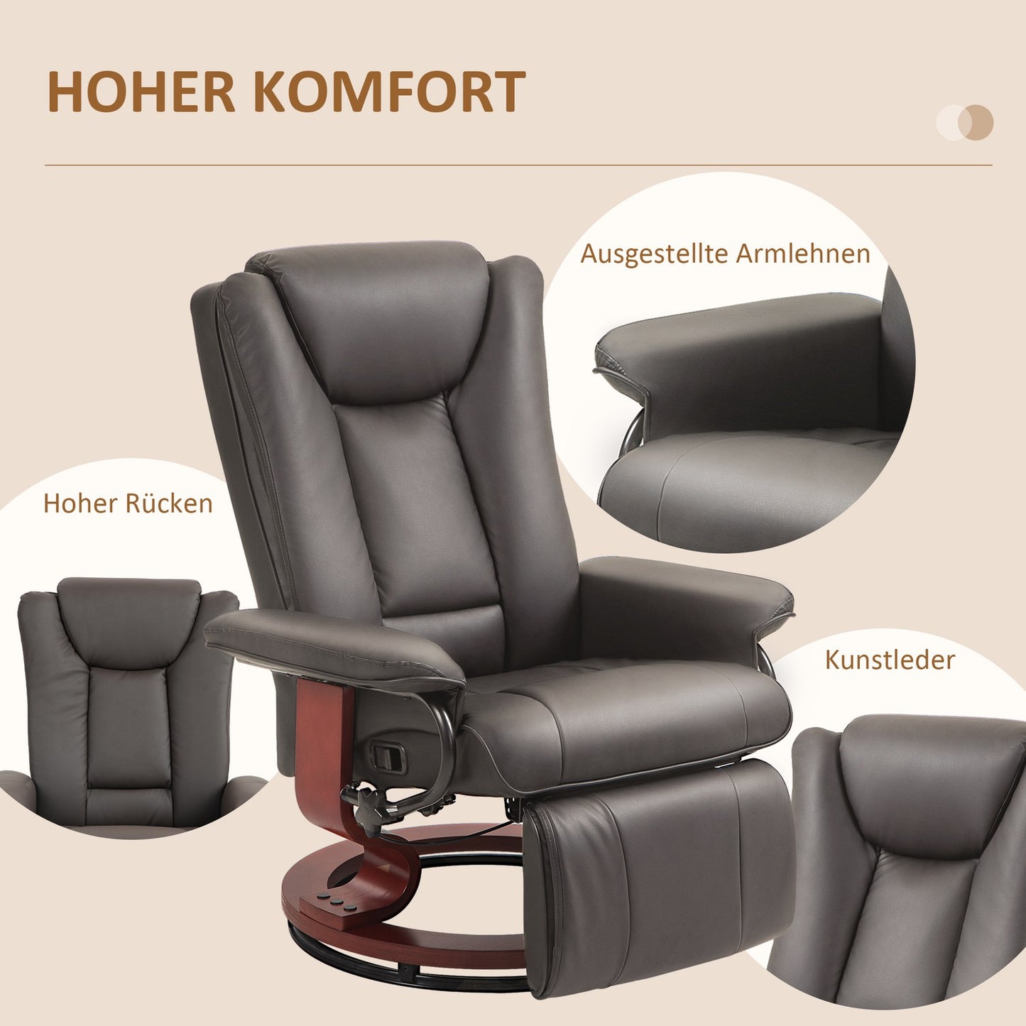 Reclining TV chair in artificial leather, Rotating, Brown, 150 kg Capacity
