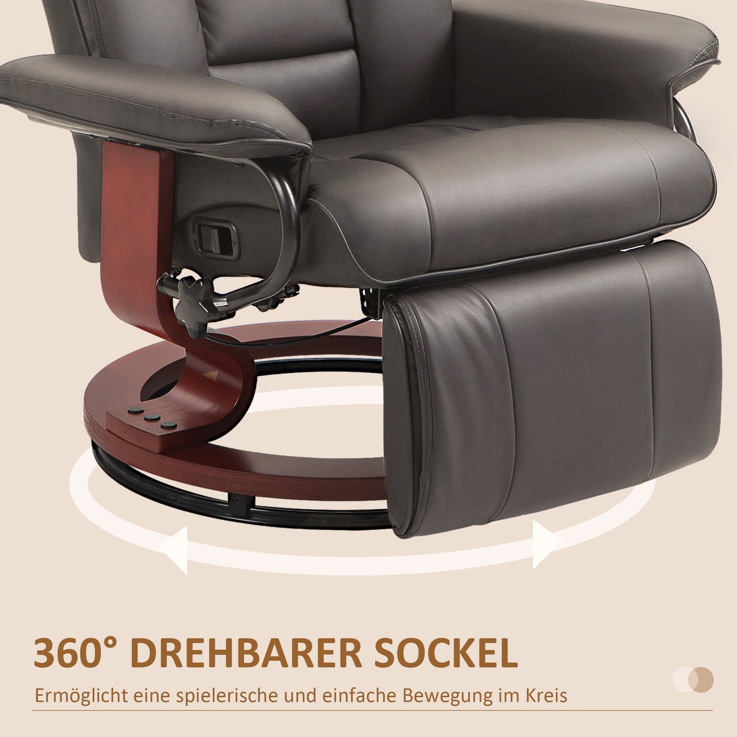 Reclining TV chair in artificial leather, Rotating, Brown, 150 kg Capacity