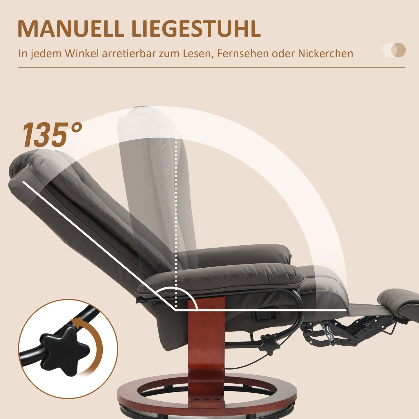 Reclining TV chair in artificial leather, Rotating, Brown, 150 kg Capacity