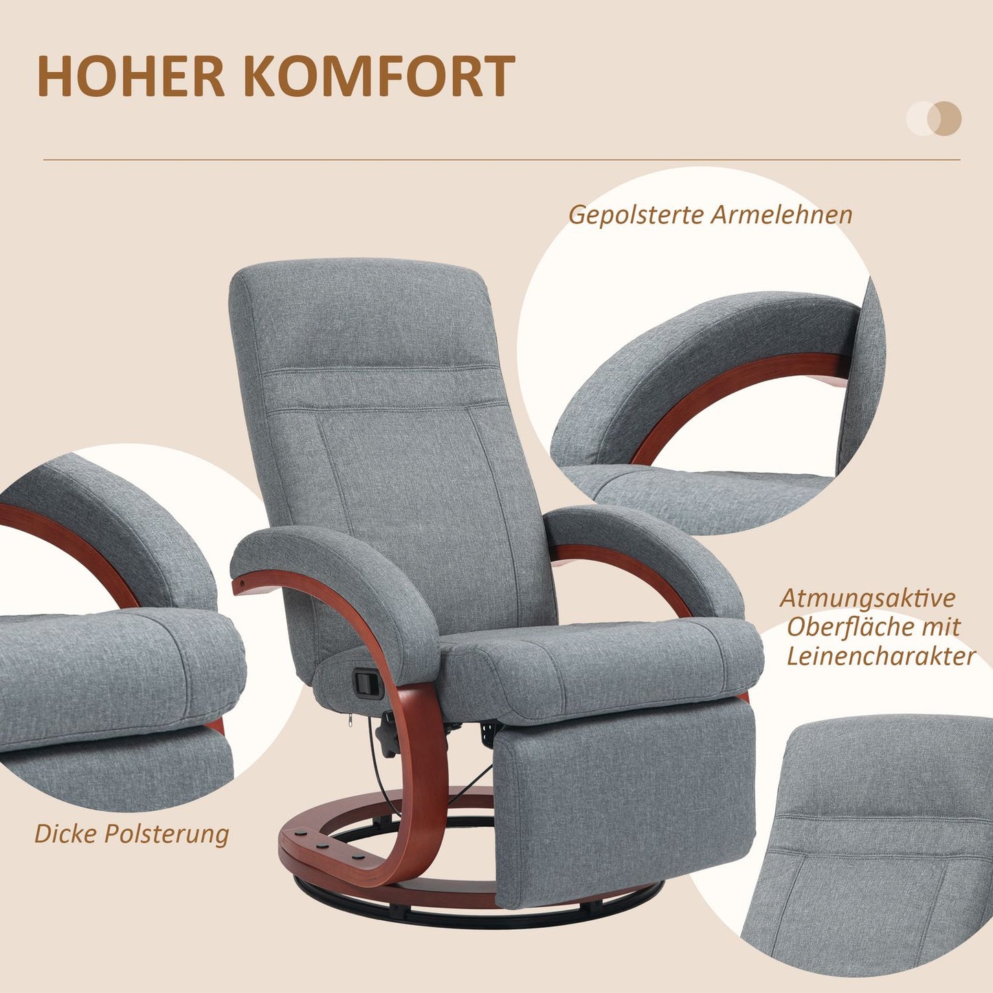 Reclining TV chair, swivel with adjustable backrest, gray fabric