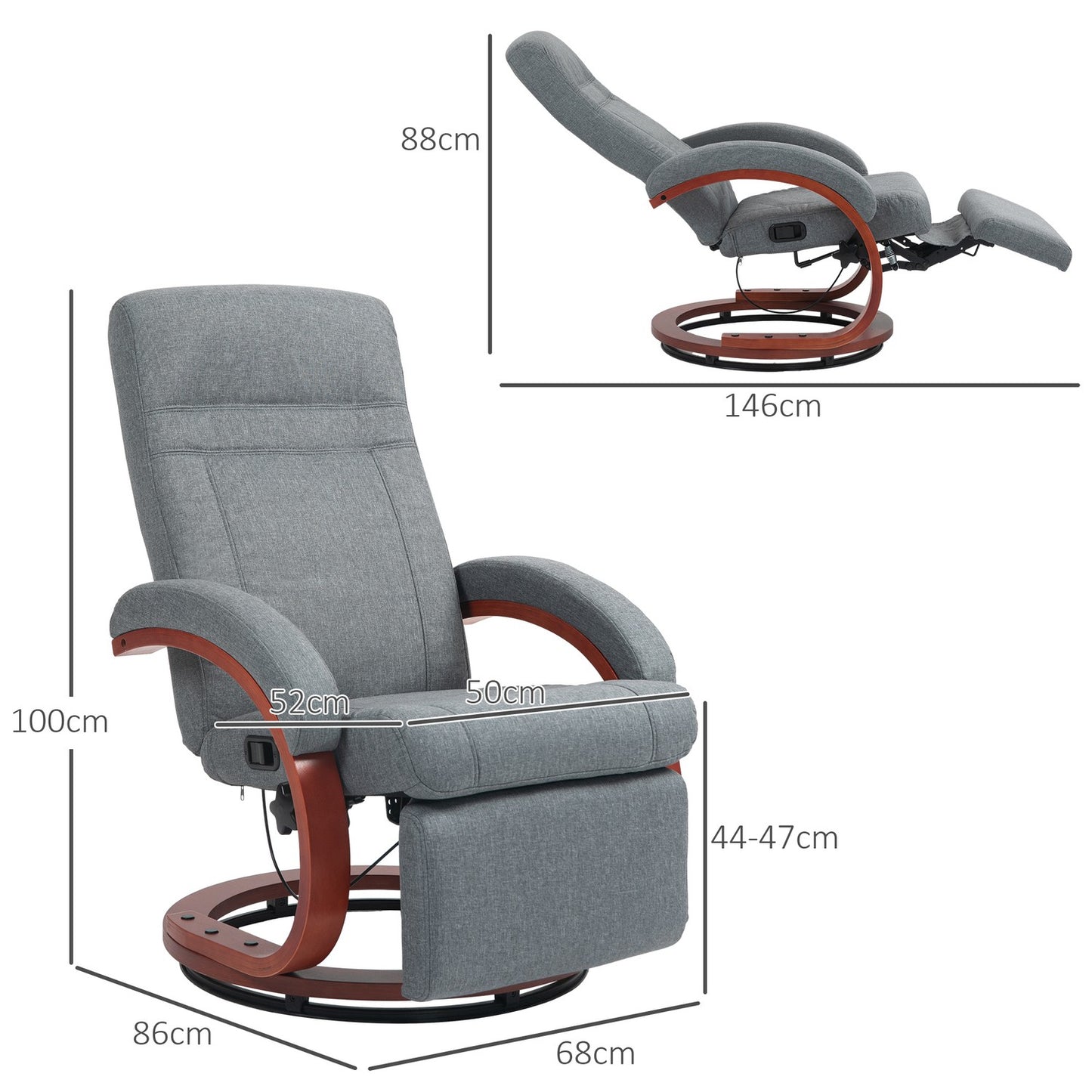 Reclining TV chair, swivel with adjustable backrest, gray fabric