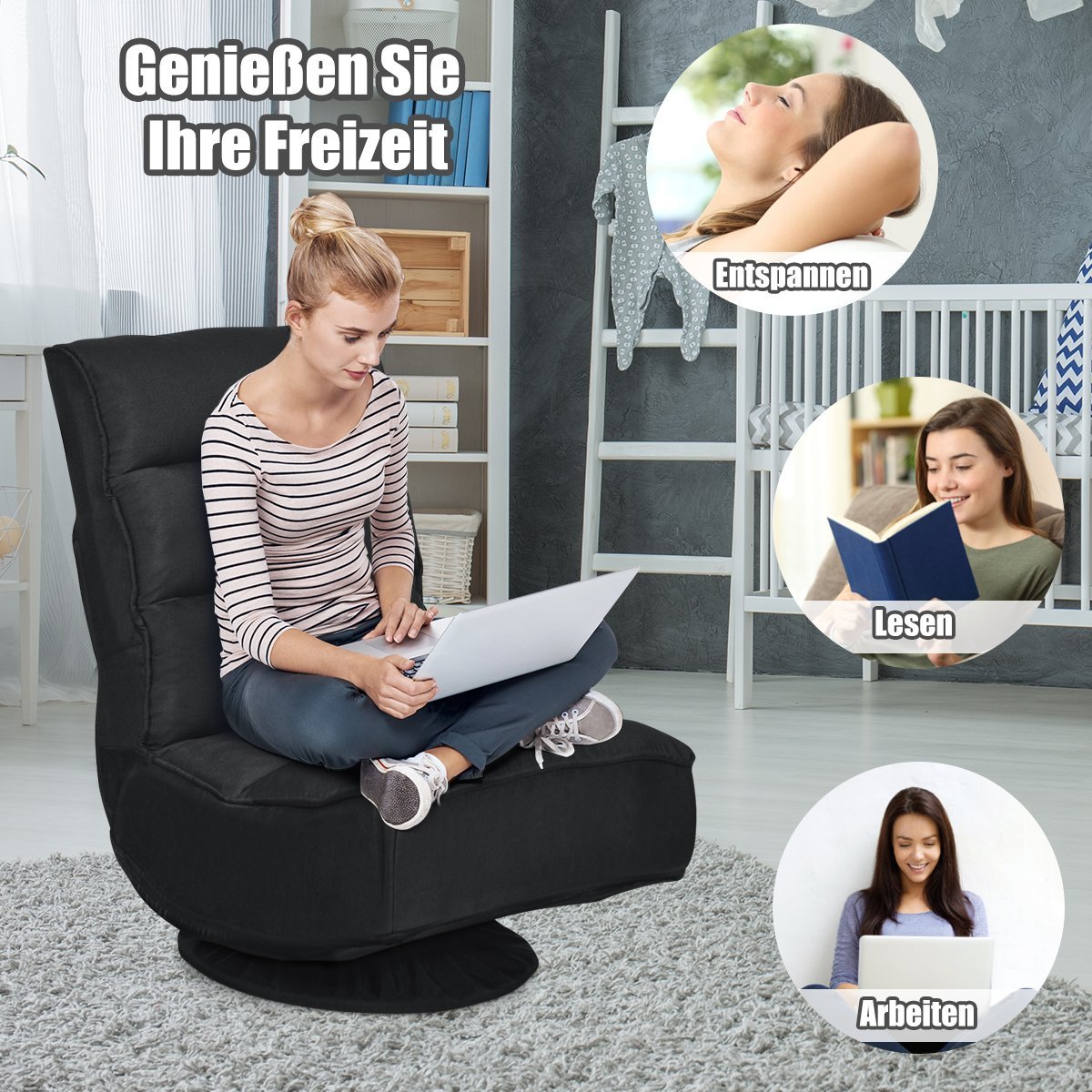 Relaxation chair, adjustable, folding chair, rotatable floor chair, sofa chair, floor cushion, black