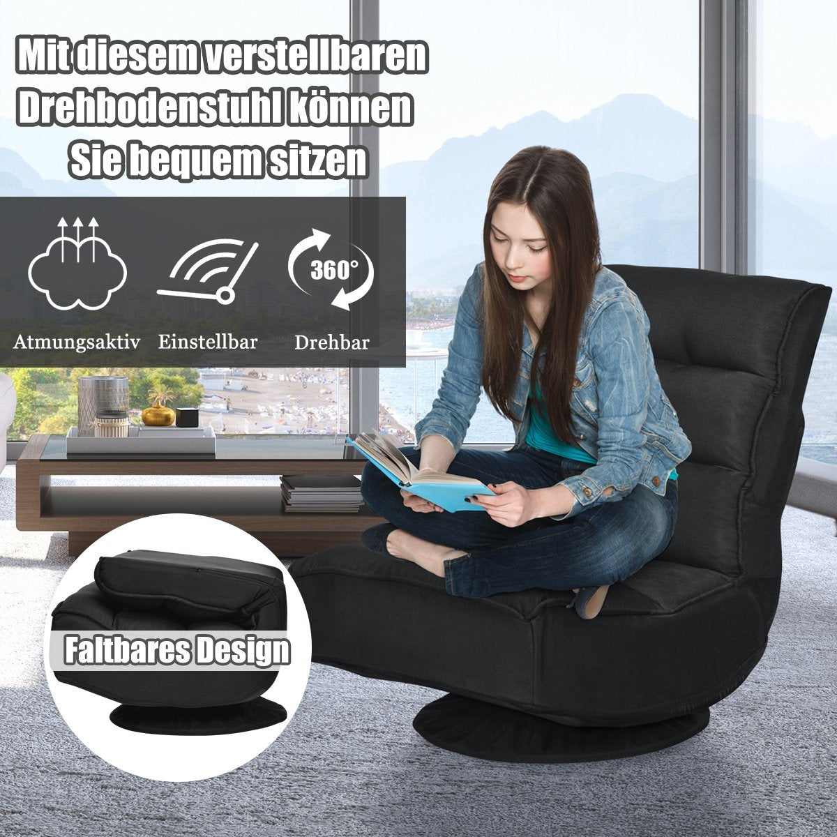 Relaxation chair, adjustable, folding chair, rotatable floor chair, sofa chair, floor cushion, black