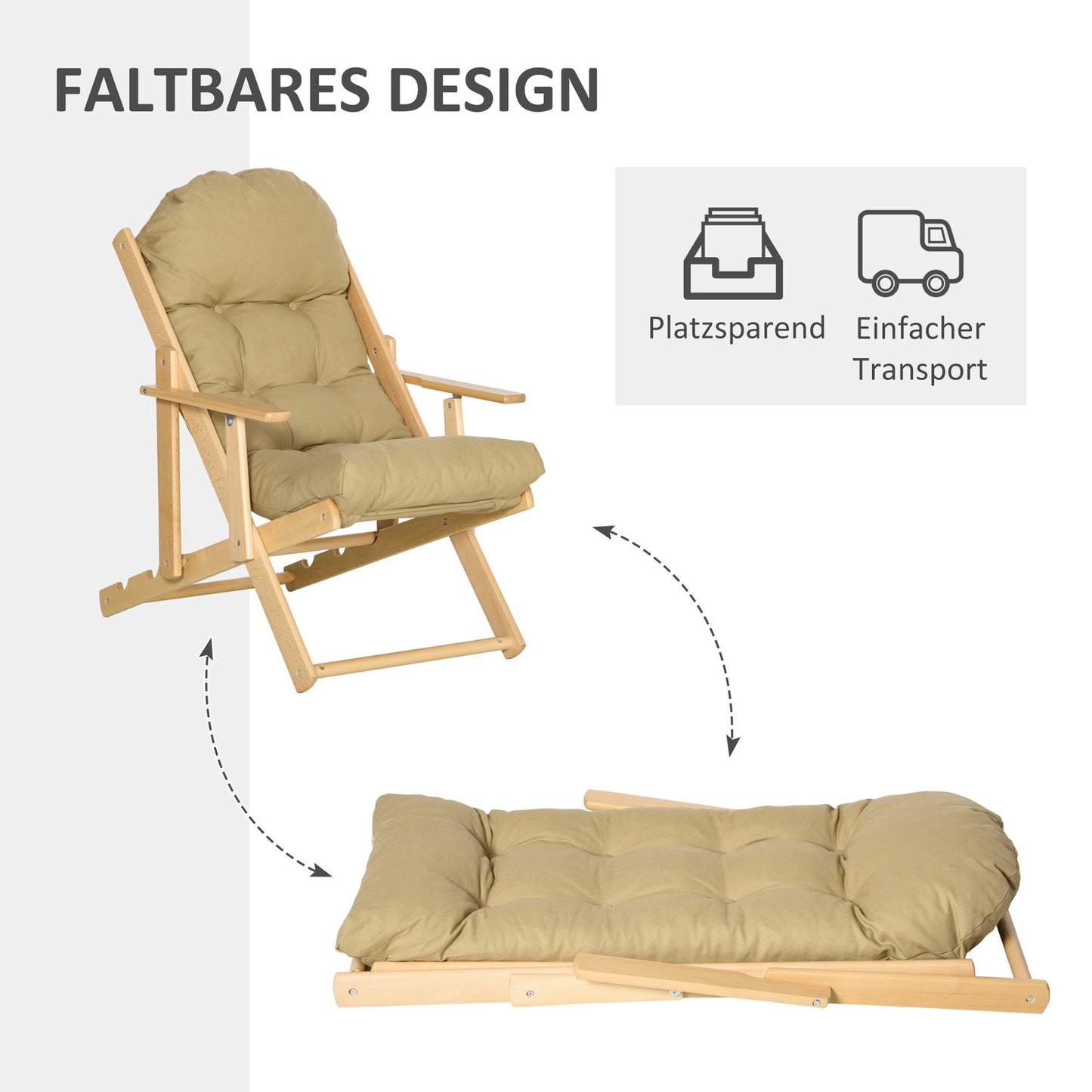 Folding lounge chair, linen upholstery, beech wood, brown