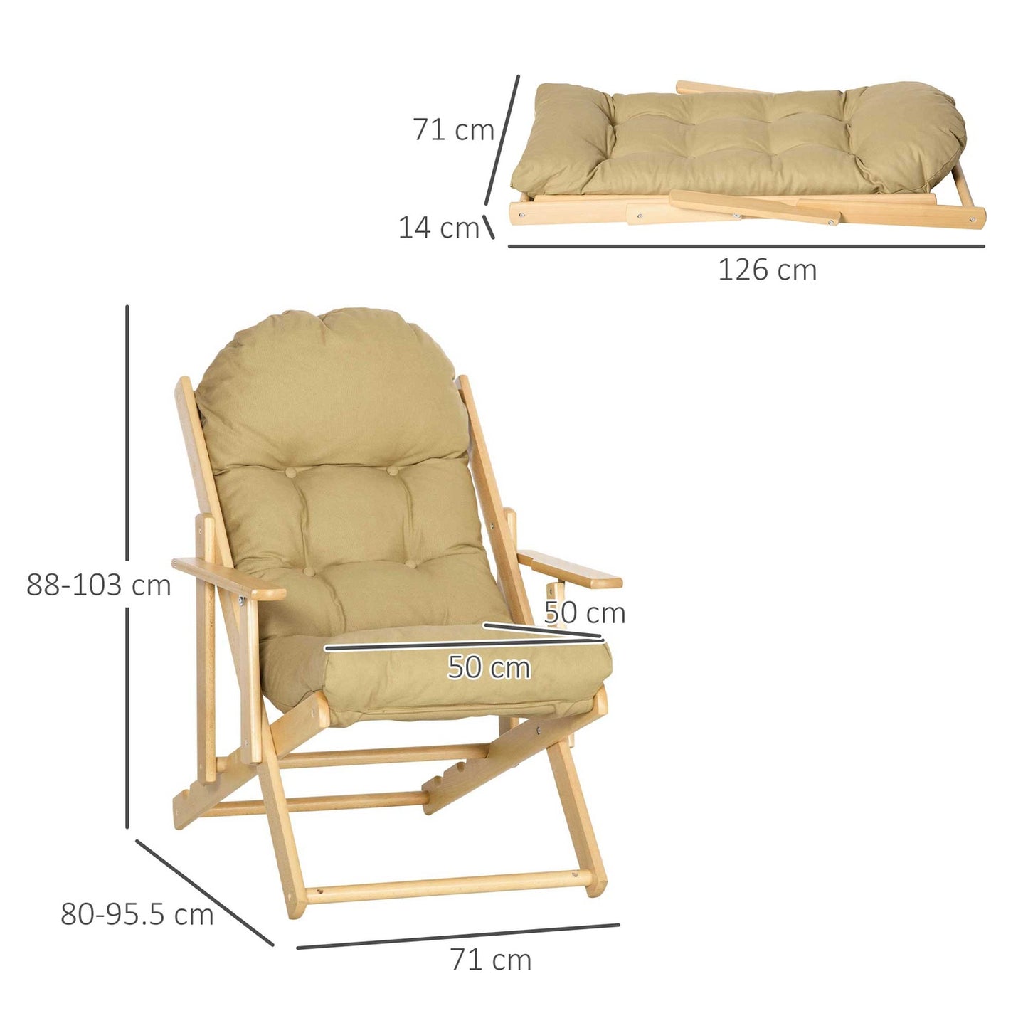 Folding lounge chair, linen upholstery, beech wood, brown