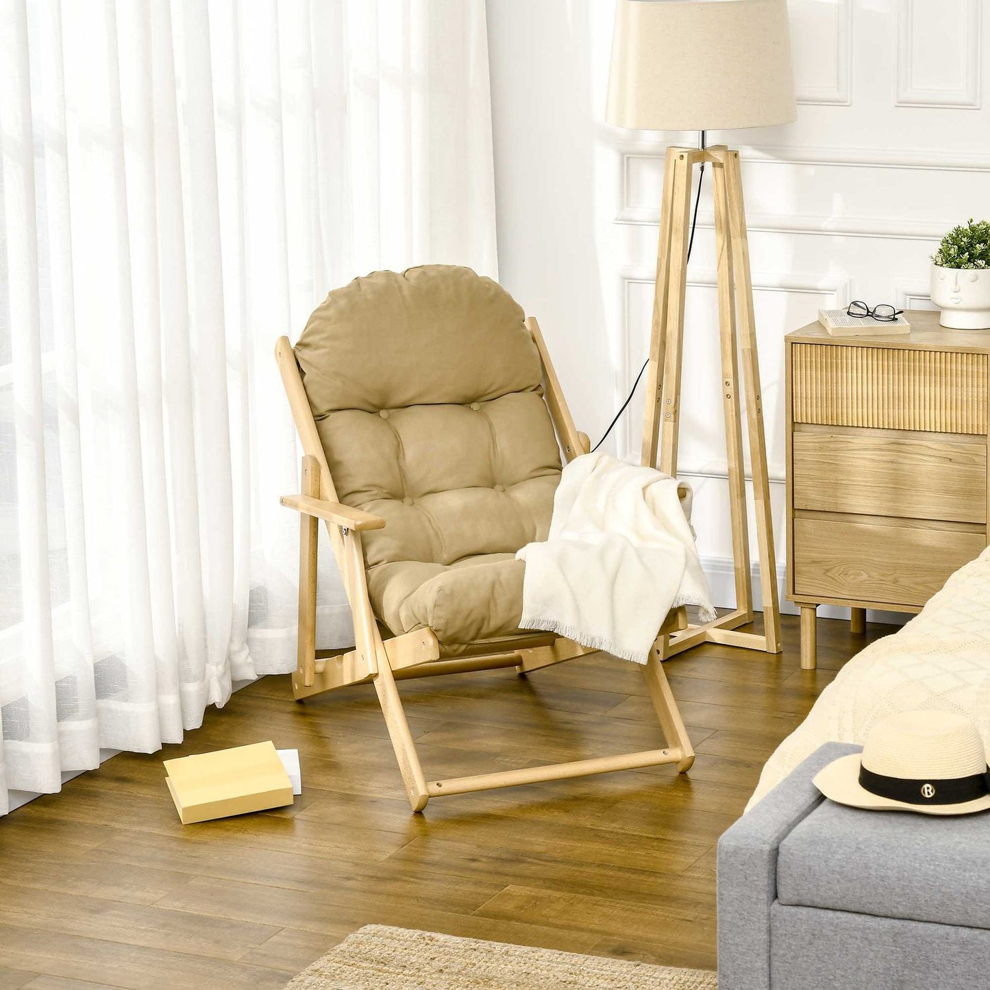 Folding lounge chair, linen upholstery, beech wood, brown