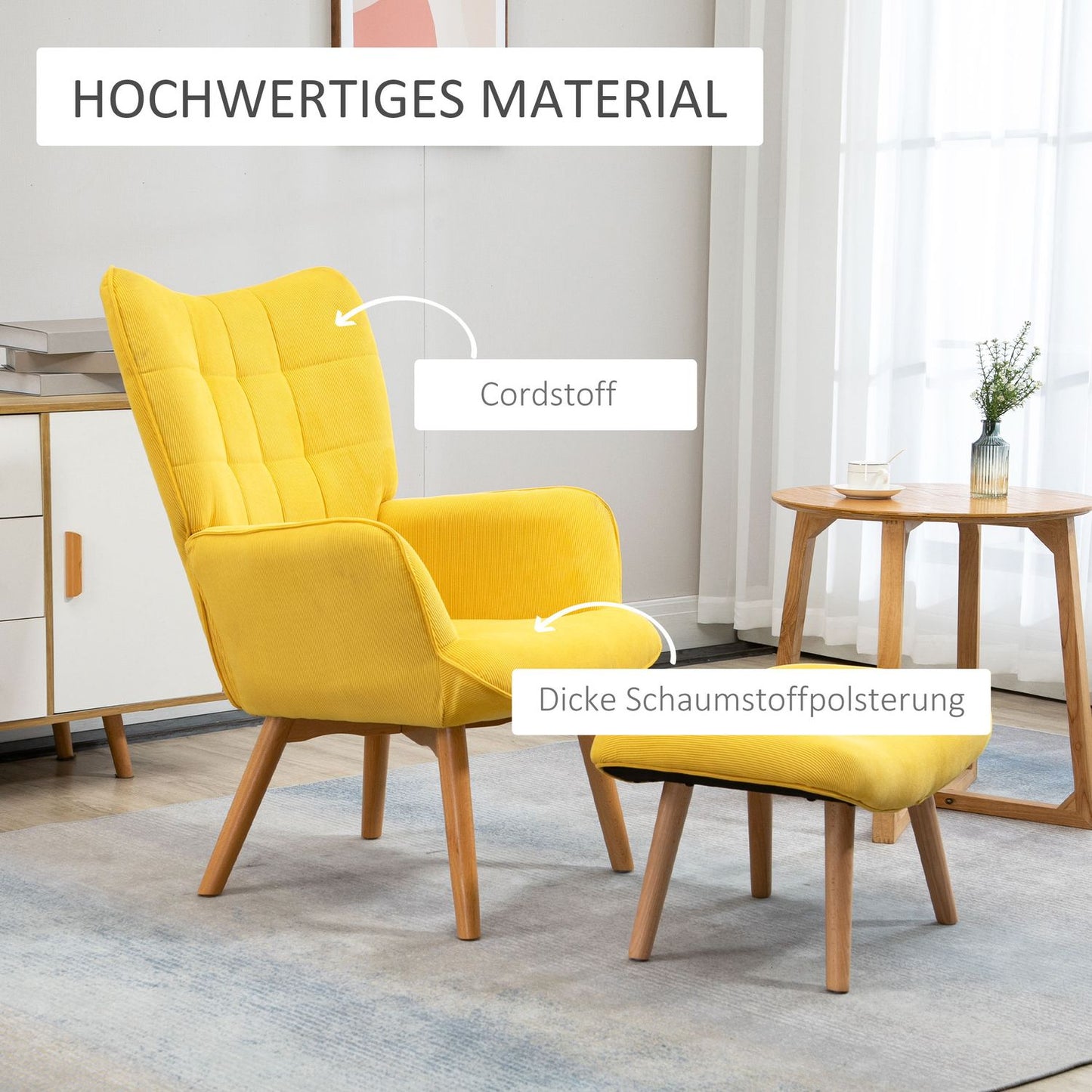 Yellow Corduroy Wing Chair with stool - Wooden Legs Armchair