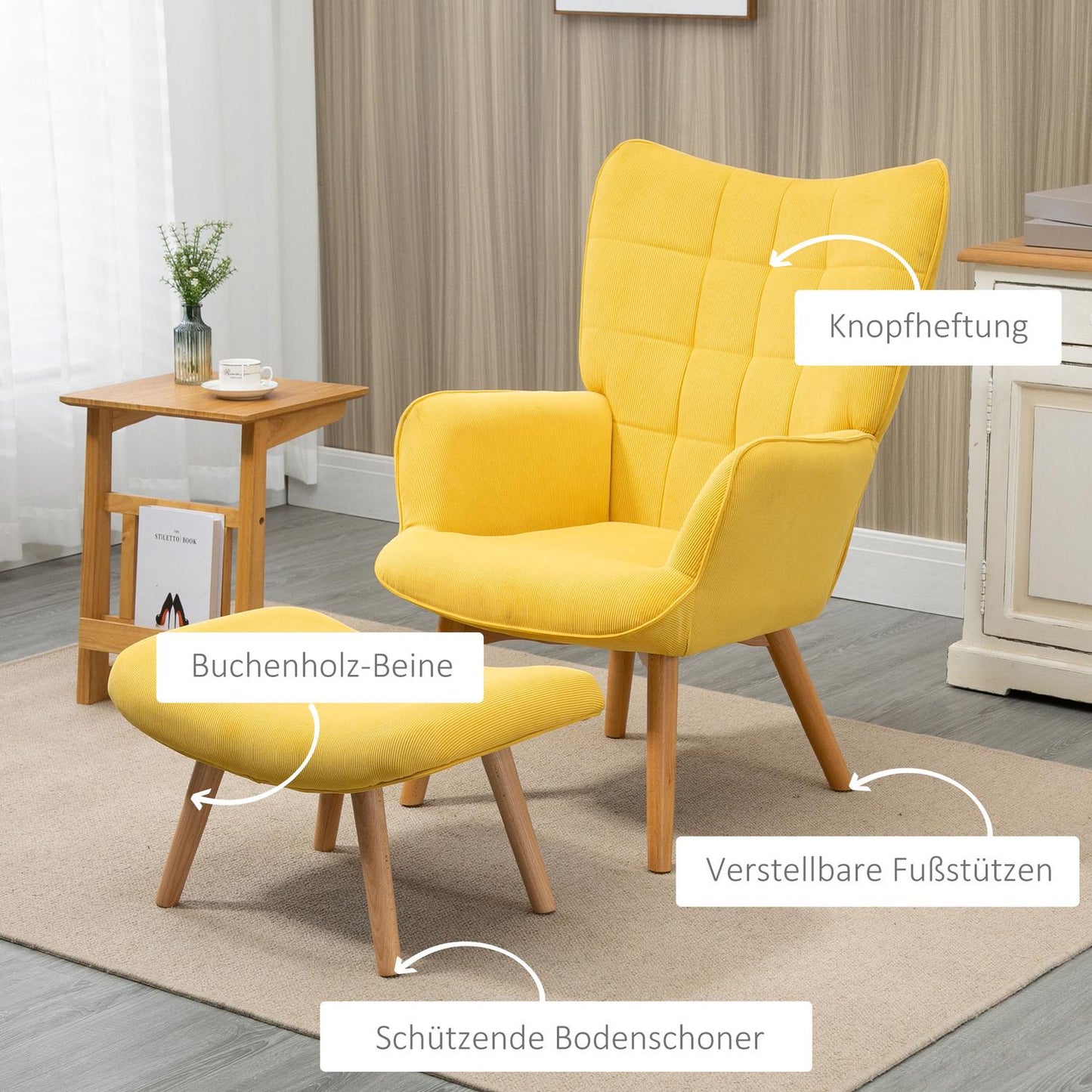 Yellow Corduroy Wing Chair with stool - Wooden Legs Armchair