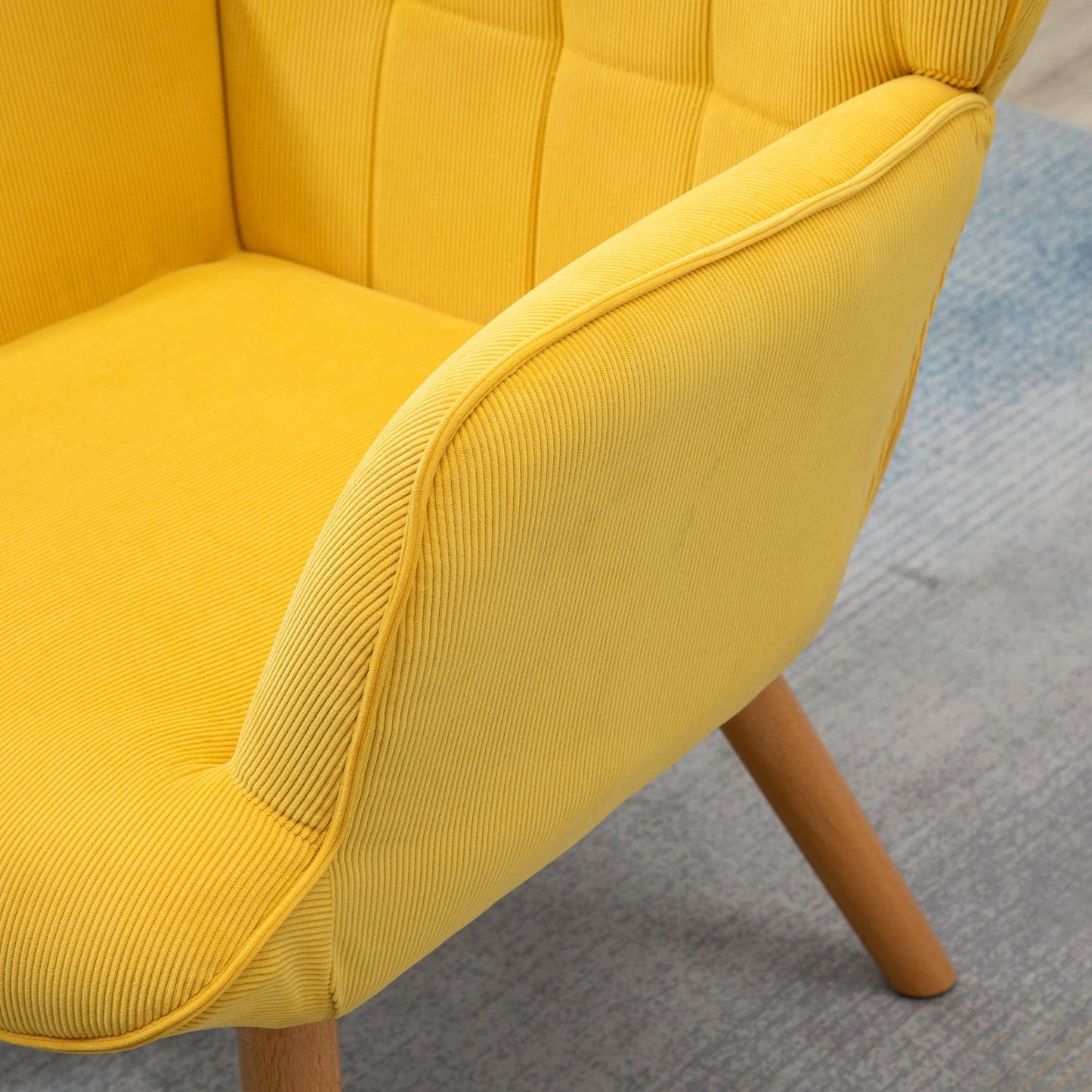 Yellow Corduroy Wing Chair with stool - Wooden Legs Armchair