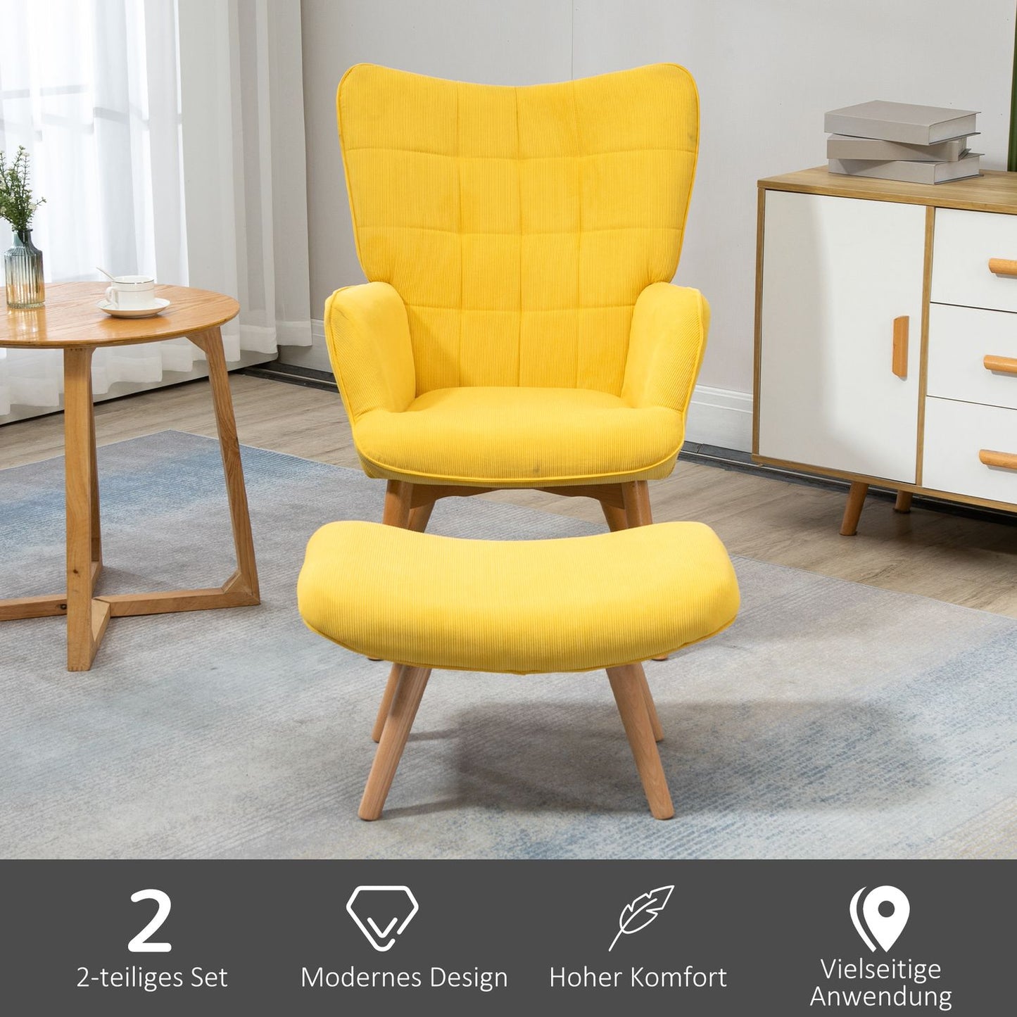 Yellow Corduroy Wing Chair with stool - Wooden Legs Armchair