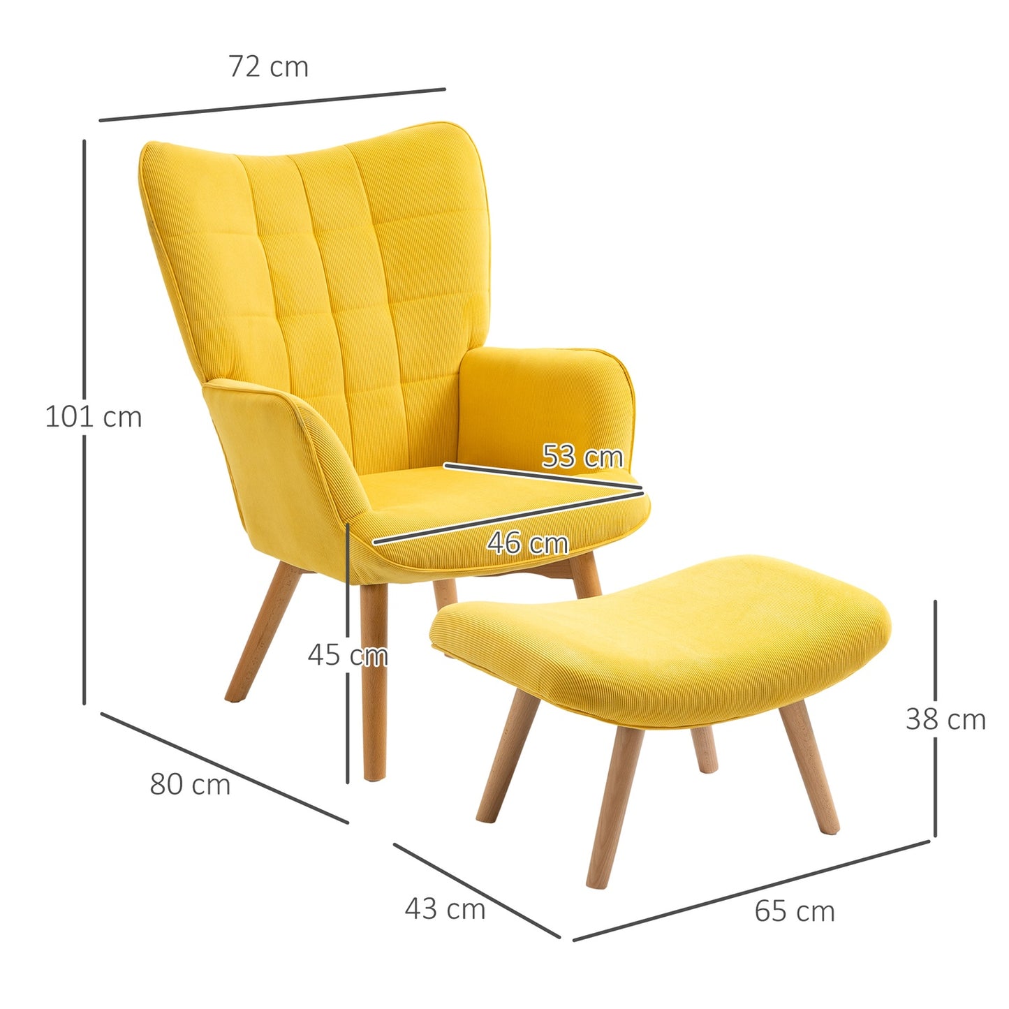 Yellow Corduroy Wing Chair with stool - Wooden Legs Armchair