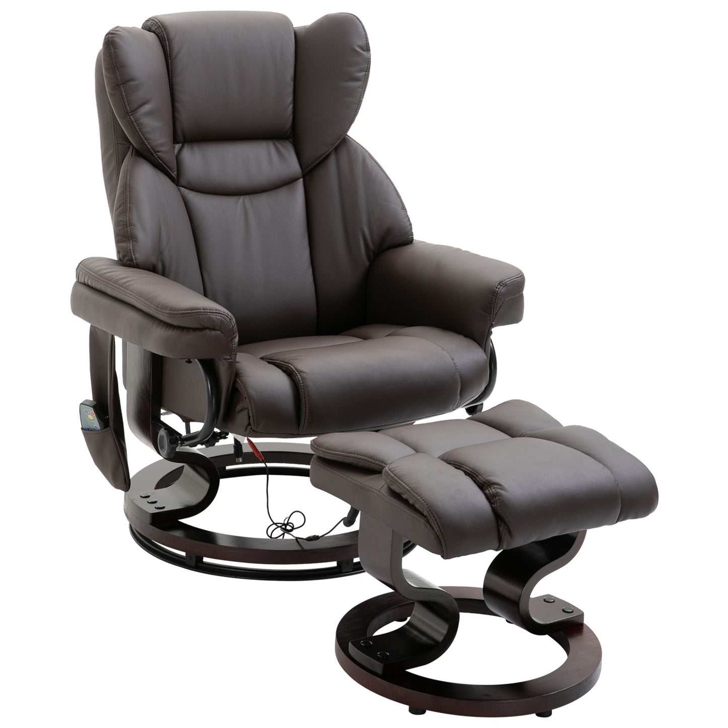 Massage armchair with footstool, artificial leather, brown