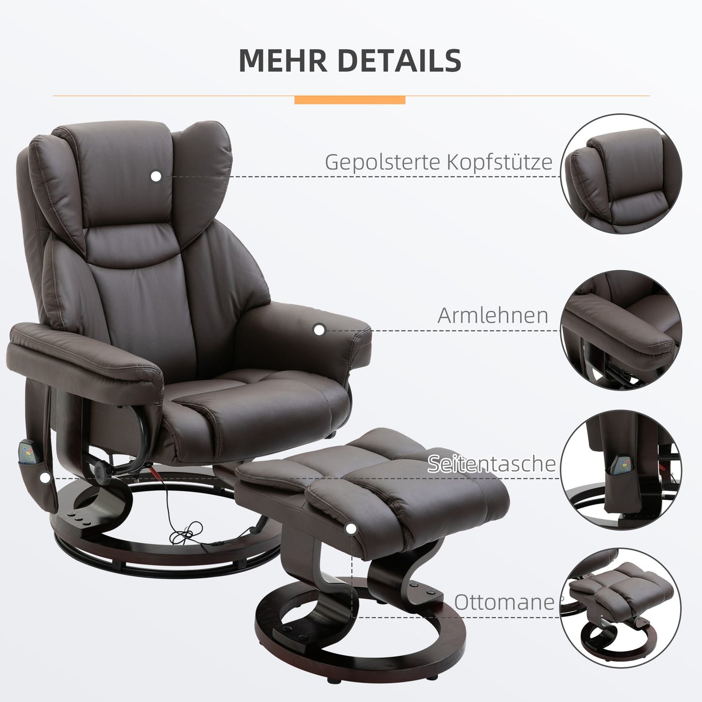 Massage armchair with footstool, artificial leather, brown