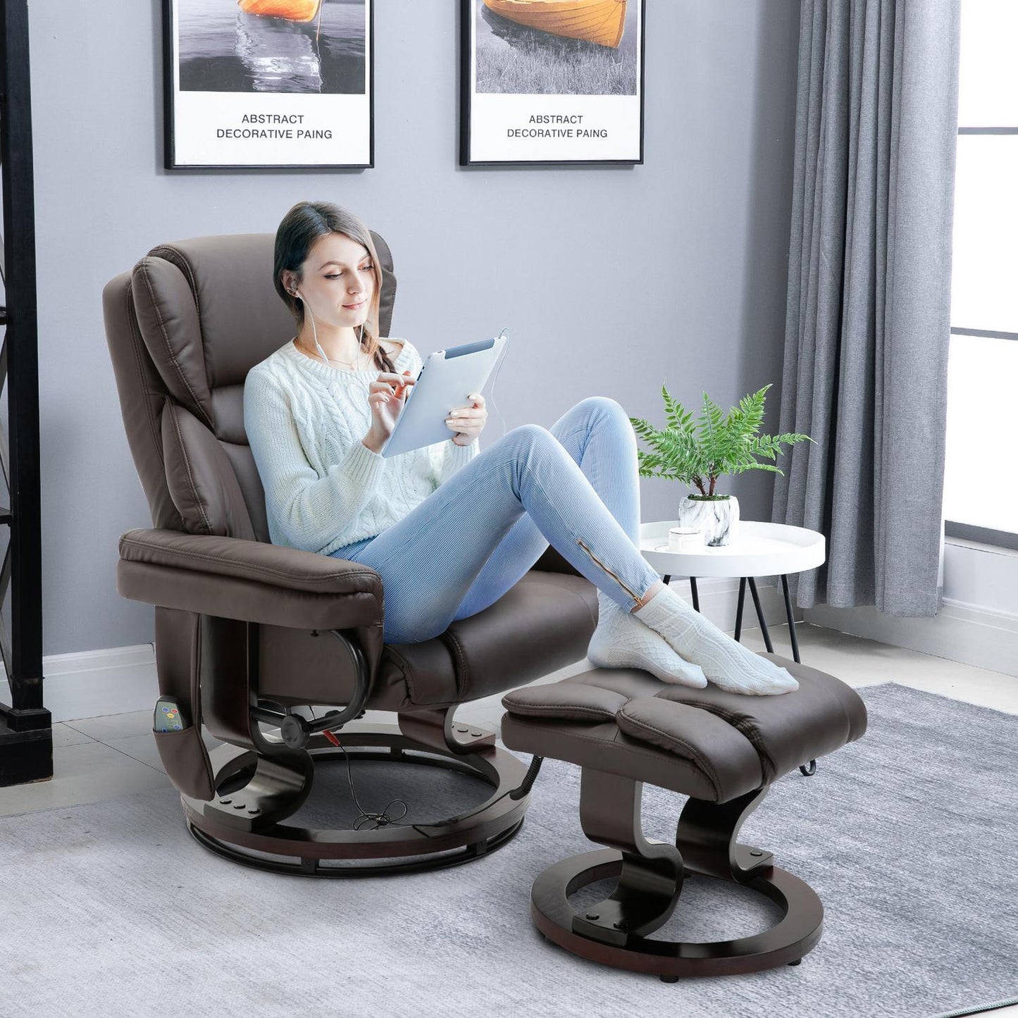 Massage armchair with footstool, artificial leather, brown