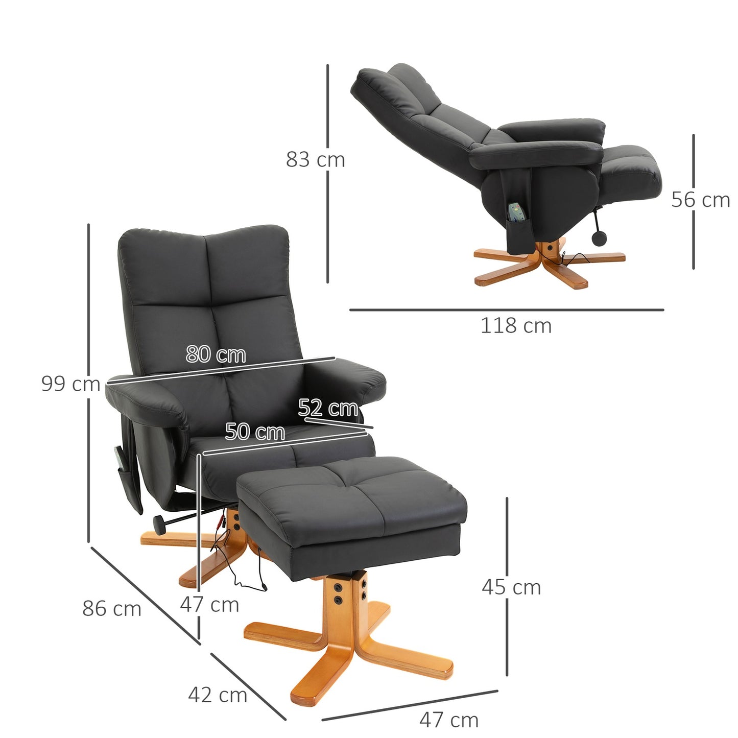 Massage chair Armchair with footstool, 145° tilt, black