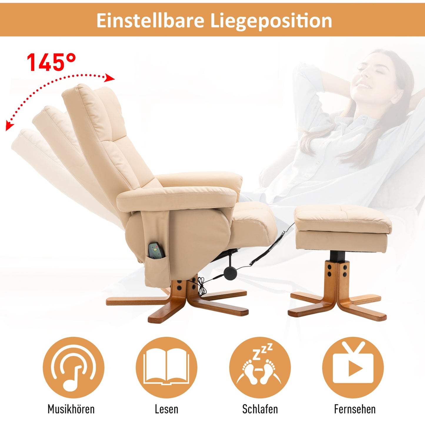 Lounger with footstool, synthetic leather, 145° tilt