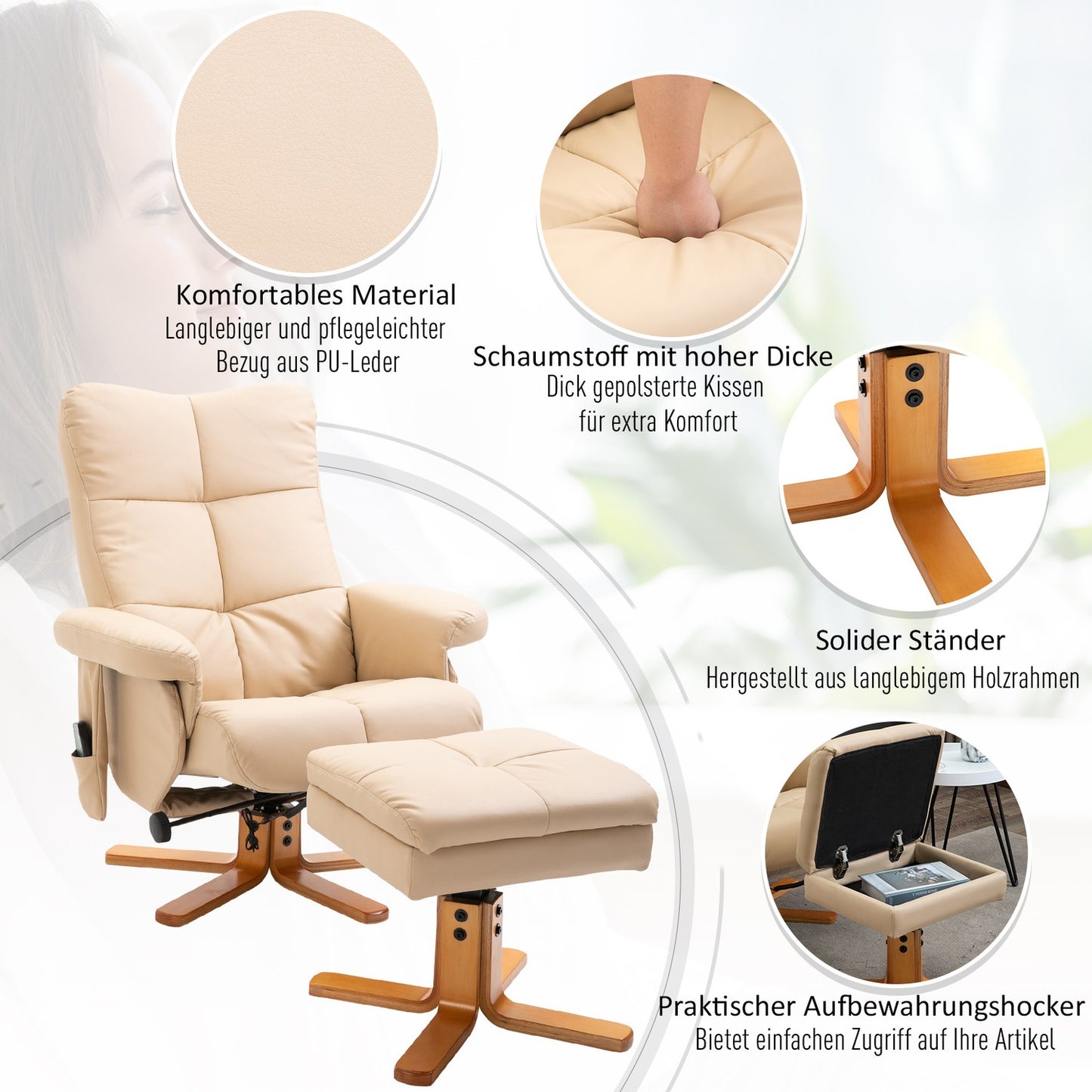 Lounger with footstool, synthetic leather, 145° tilt