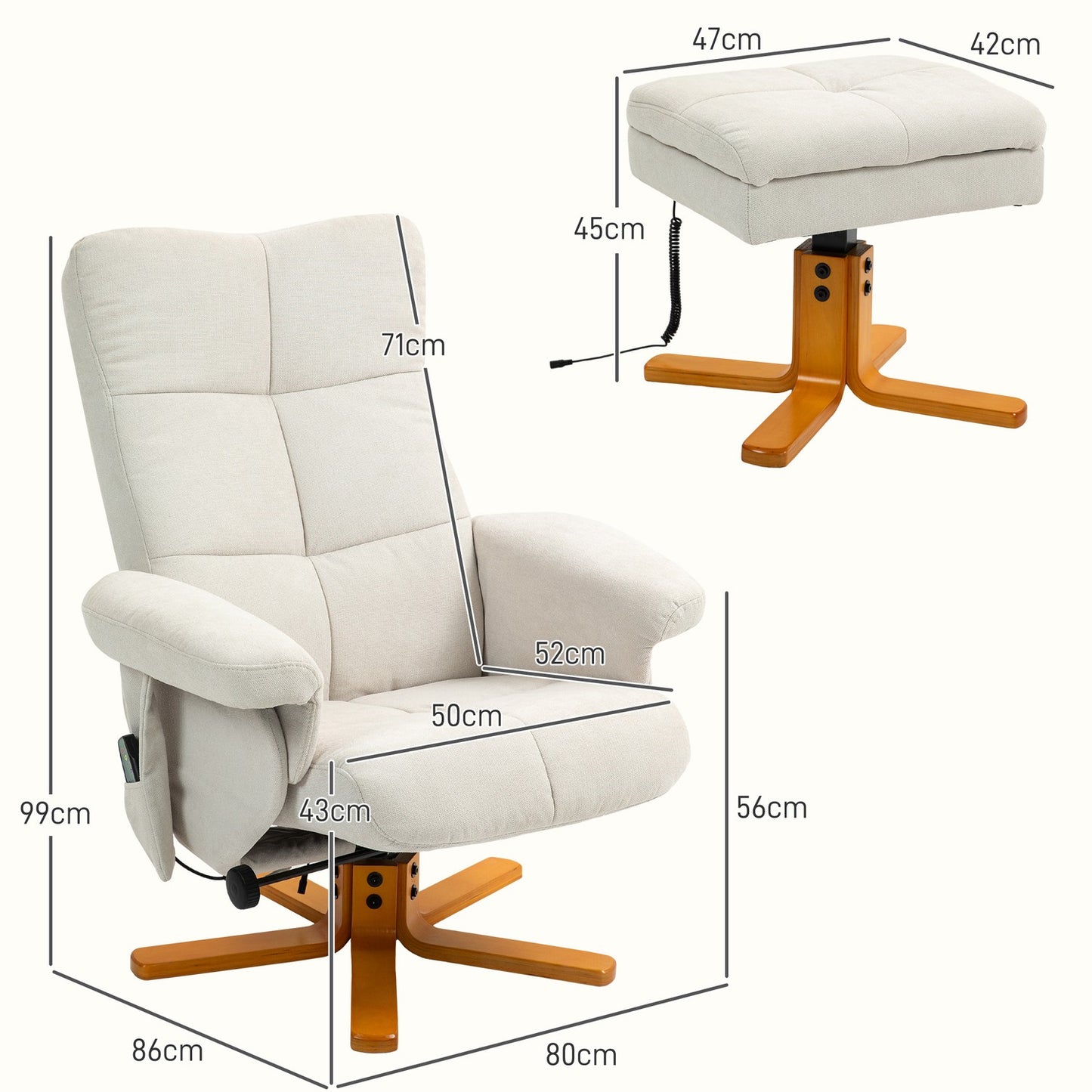 Cream white recliner with ottoman, swivel and storage
