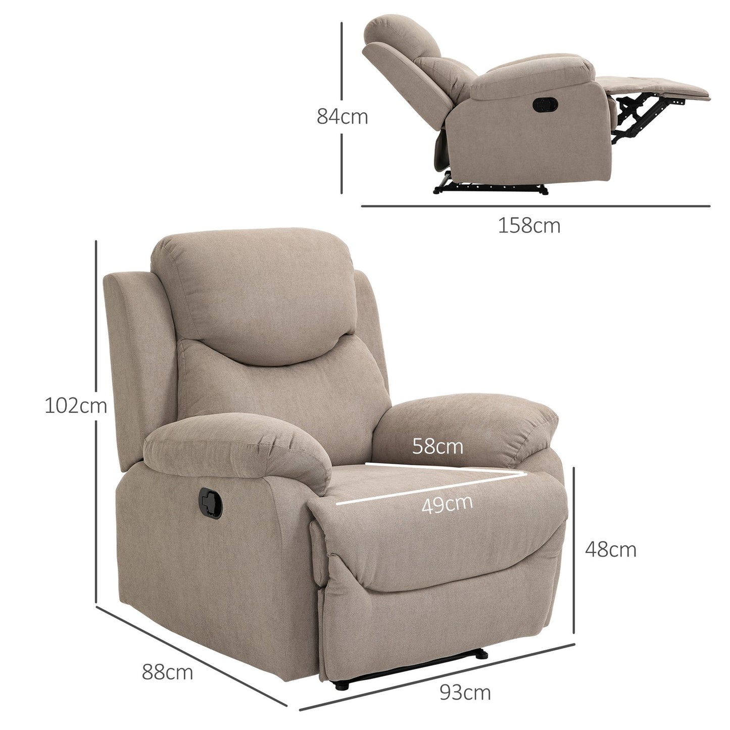 Beige lounge chair with 150° tilt, linen look